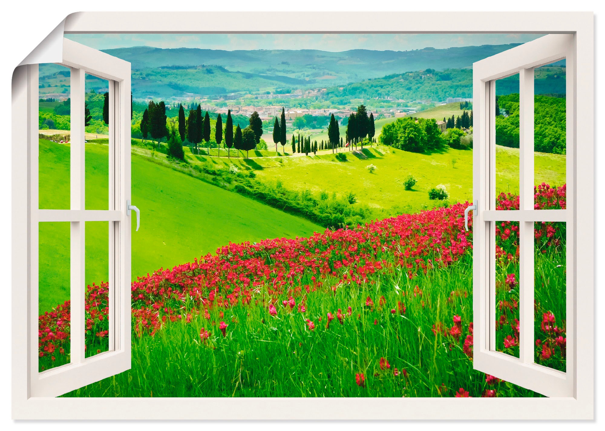 Artland Wandbild »Fensterblick - Hügel und Zypressen«, Fensterblick, (1 St.), in vielen Größen & Produktarten -Leinwandbild, Poster, Wandaufkleber / Wandtattoo auch für Badezimmer geeignet