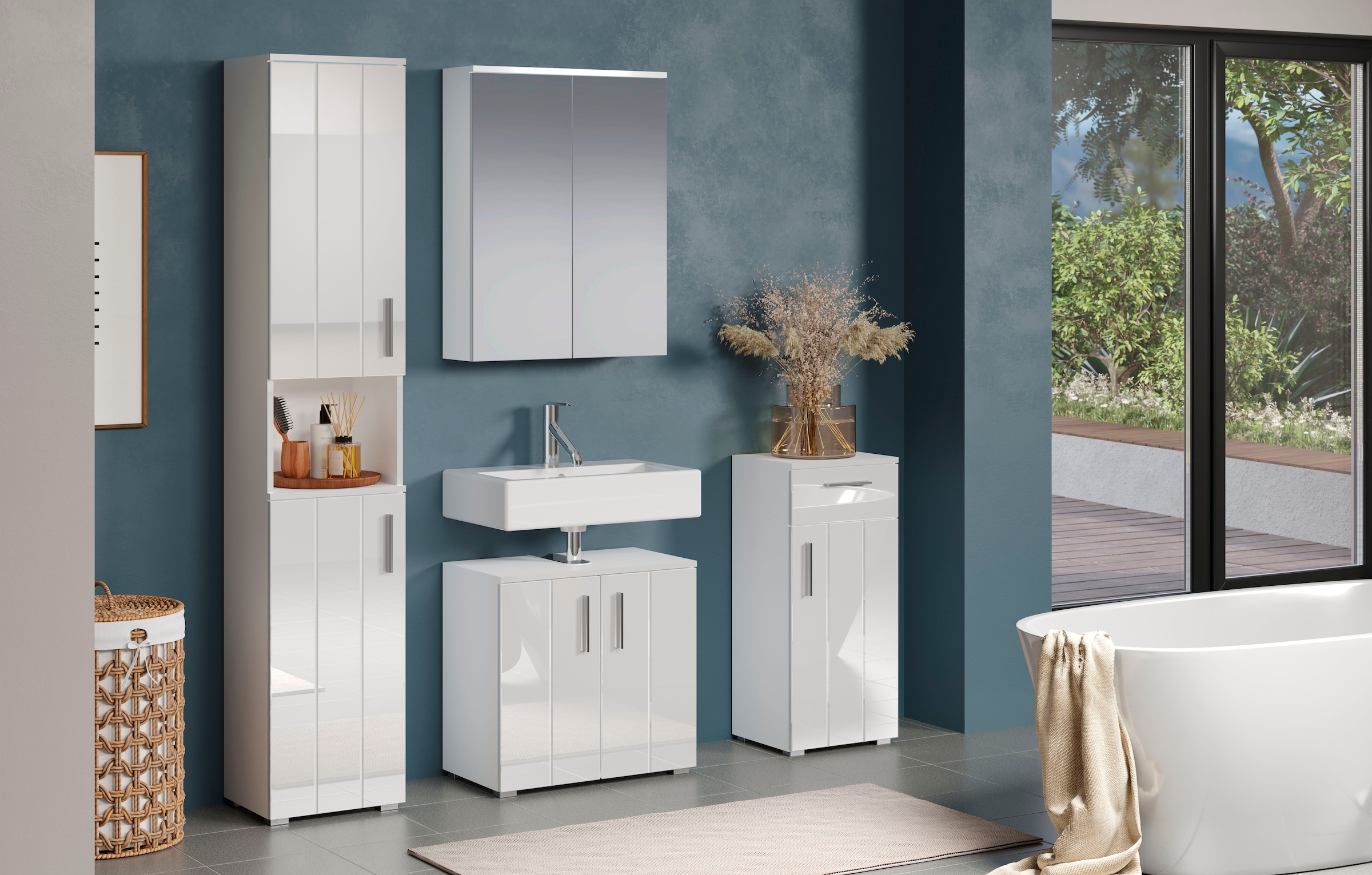welltime Badezimmer-Set »Prag«, (Set, 4 St.), Badmöbel - Hochschrank, Waschtisch, Spiegelschrank und Unterschrank