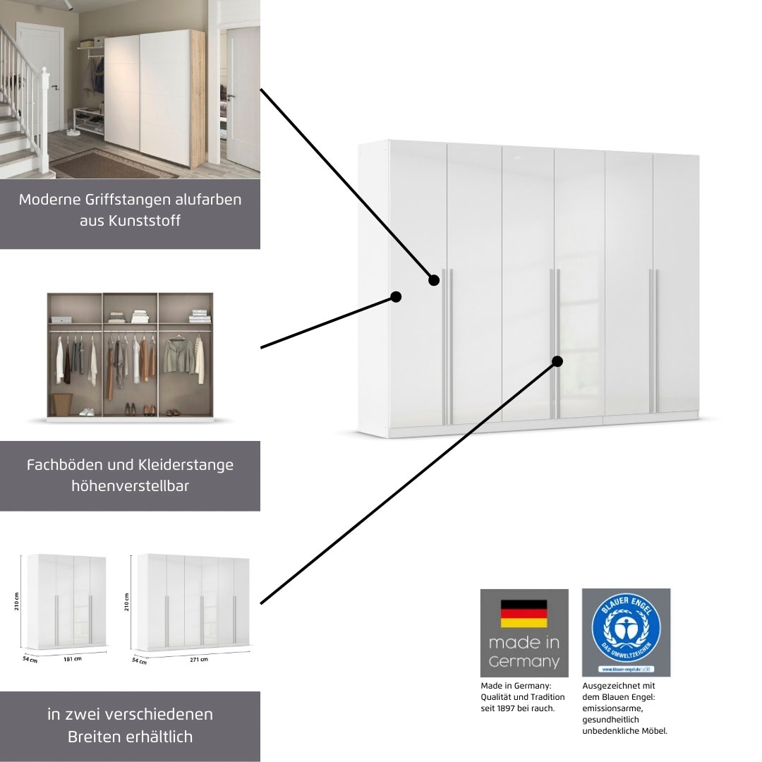 rauch Kleiderschrank »Schrank Drehtürenschrank Ankleide Garderobe Schlafzimmerschrank LORCA« Breiten: 181/271 cm, Höhe: 210 cm,  mit langen Griffstangen, elegante Hochglanz-Front MADE IN GERMANY