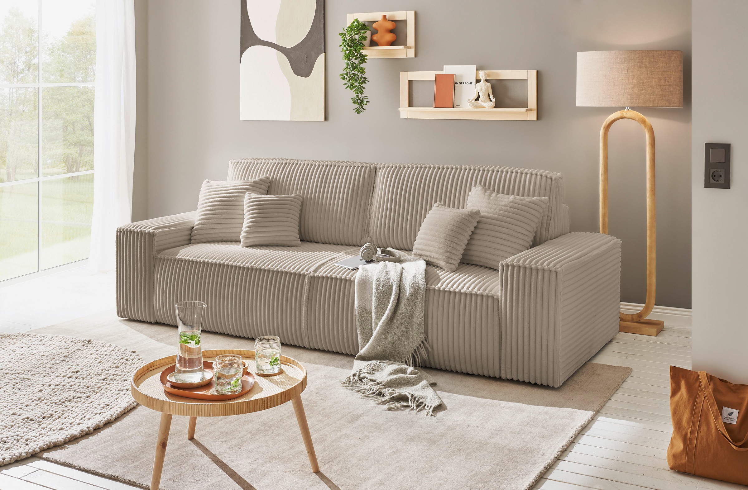 andas 3-Sitzer »FINNLEY Schlafsofa 257 cm, Schlaffunktion mit Bettkasten (200/136cm)«, in Aqua Clean-Bouclé, Struktur fein u. Cord