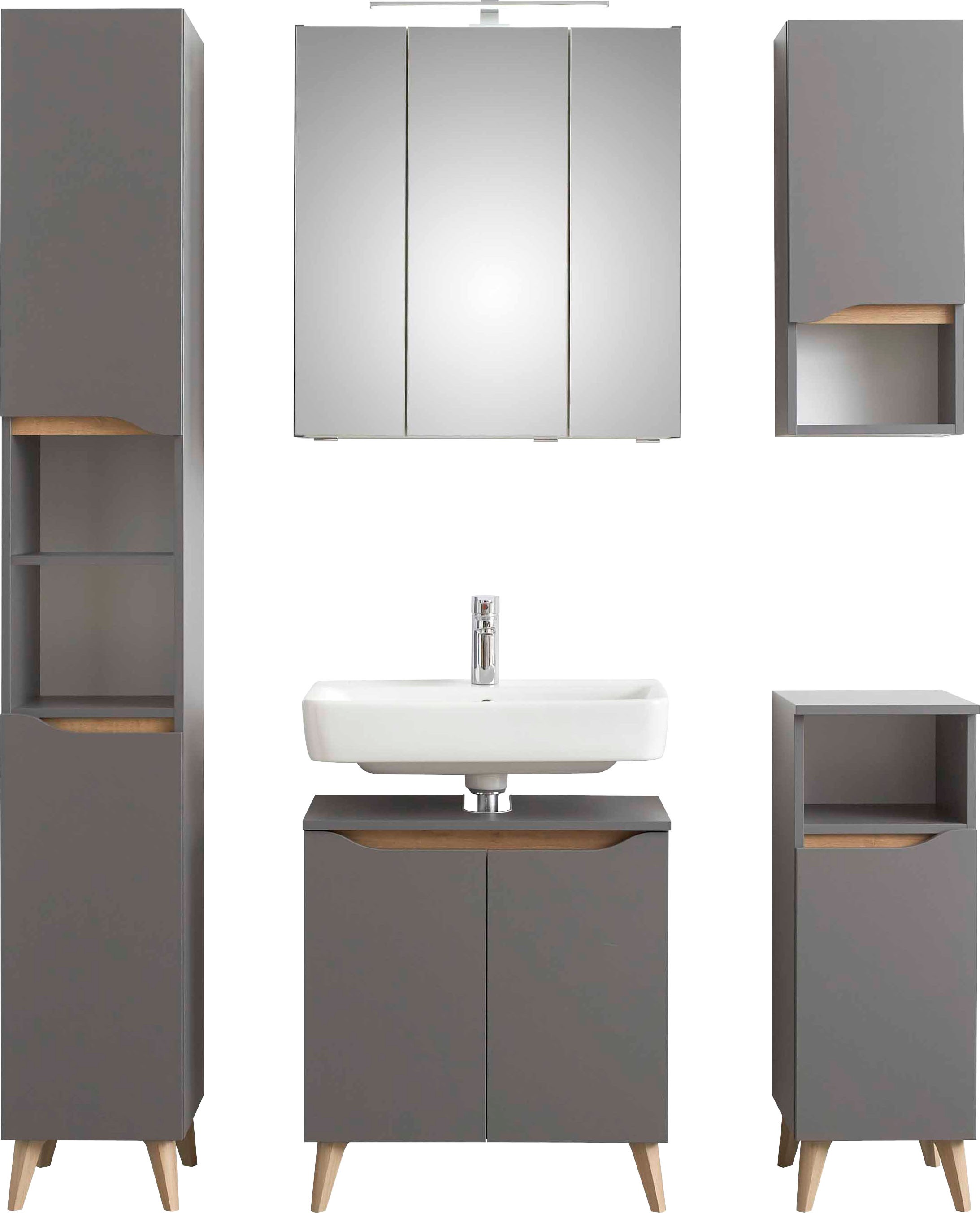 Saphir Badmöbel-Set »Quickset 5-teilig Waschbeckenunterschrank und LED-Spiegelschrank«, (5 St.), Hochschrank, Unterschrank, Hängeschrank, inkl. Türdämpfer, 9 Türen
