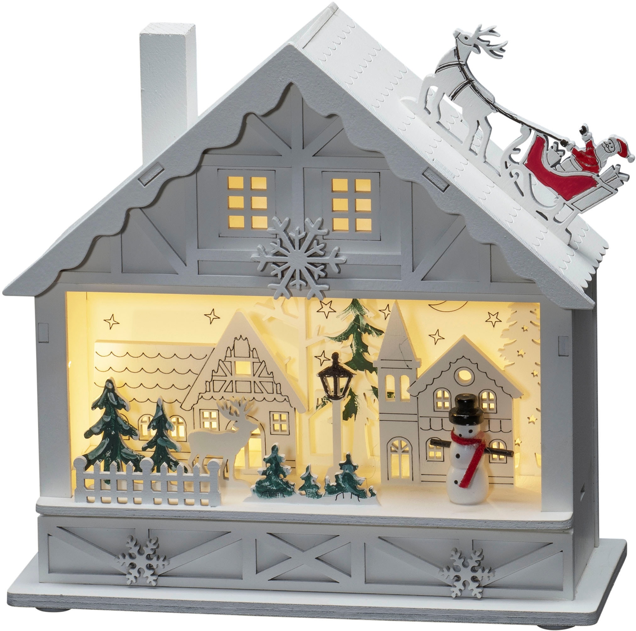 KONSTSMIDE Weihnachtshaus »LED Holzsilhouette Haus, weiß, 4 warmweiße Dioden, batteriebetrieben«, 6h Timer