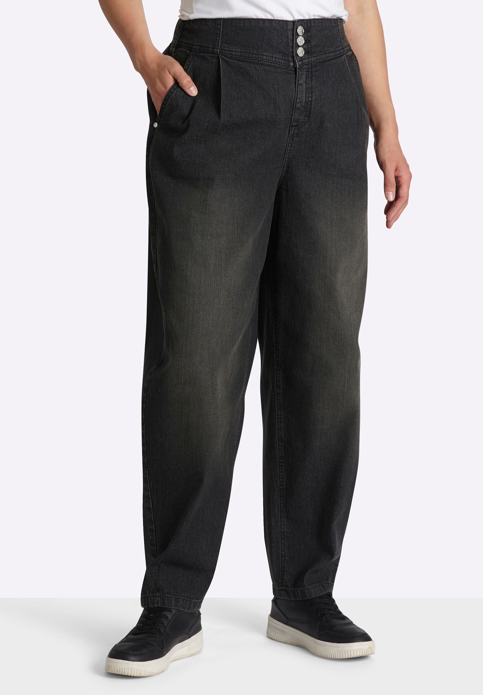 Sheego Bequeme Jeans »Jeans High-waist-Jeans mit Bundfalten und Barrel-Leg«