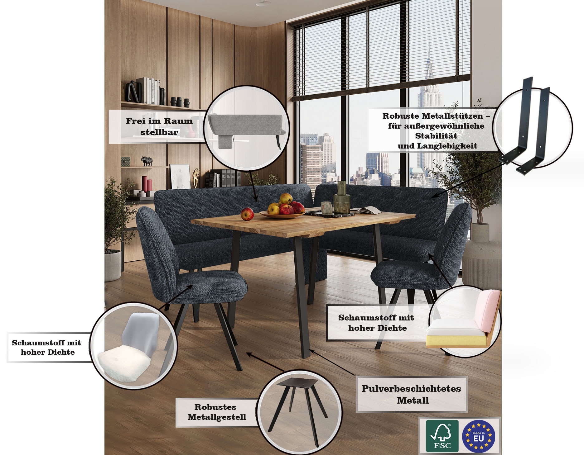 Home affaire Eckbank »Mily Küchenbank, Polsterbank, Esszimmerbank, 205x164 cm«, Moderne Bank und Farben, Sitzplatzanzahl: 5, Frei in Raum stellbar