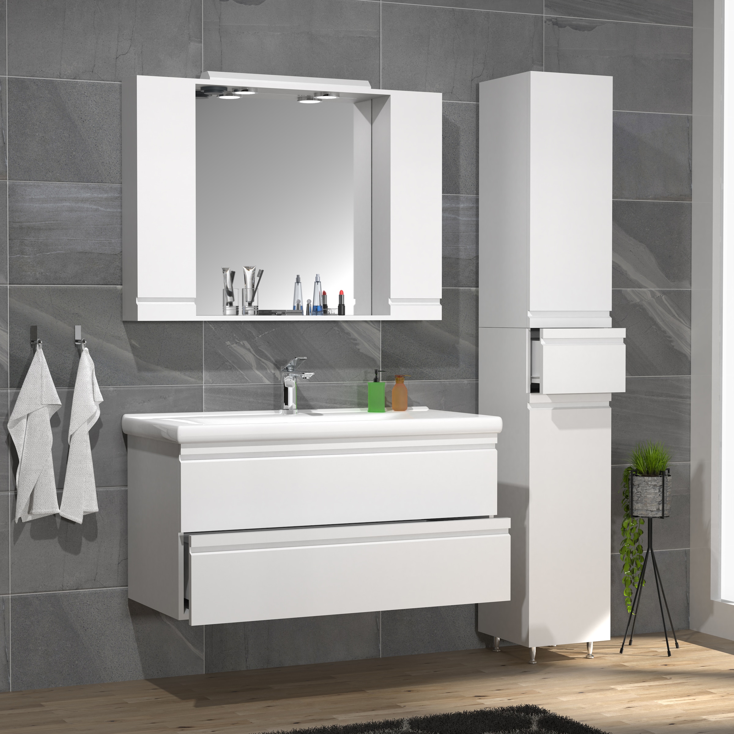 VCM Waschbeckenunterschrank »VCM 4-tlg. Waschplatz Waschtisch 100 cm Badmöbel Set Waschbecken grifflose Schublade Spiegelschrank Hochschrank Silora XL«, (4 St.)
