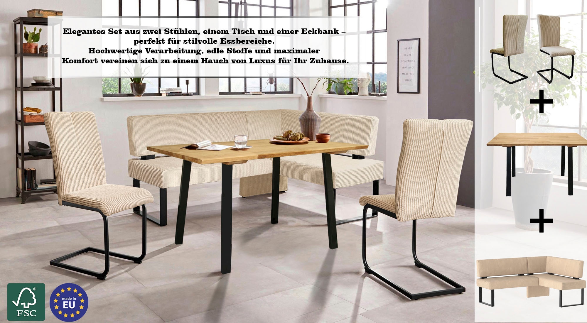 OTTO home Eckbankgruppe »Oliver« Set, 4-tlg, 4 Stk. tlg. Eckbank mit Wellenunterfederung im Sitz, Tisch Massiv Eiche