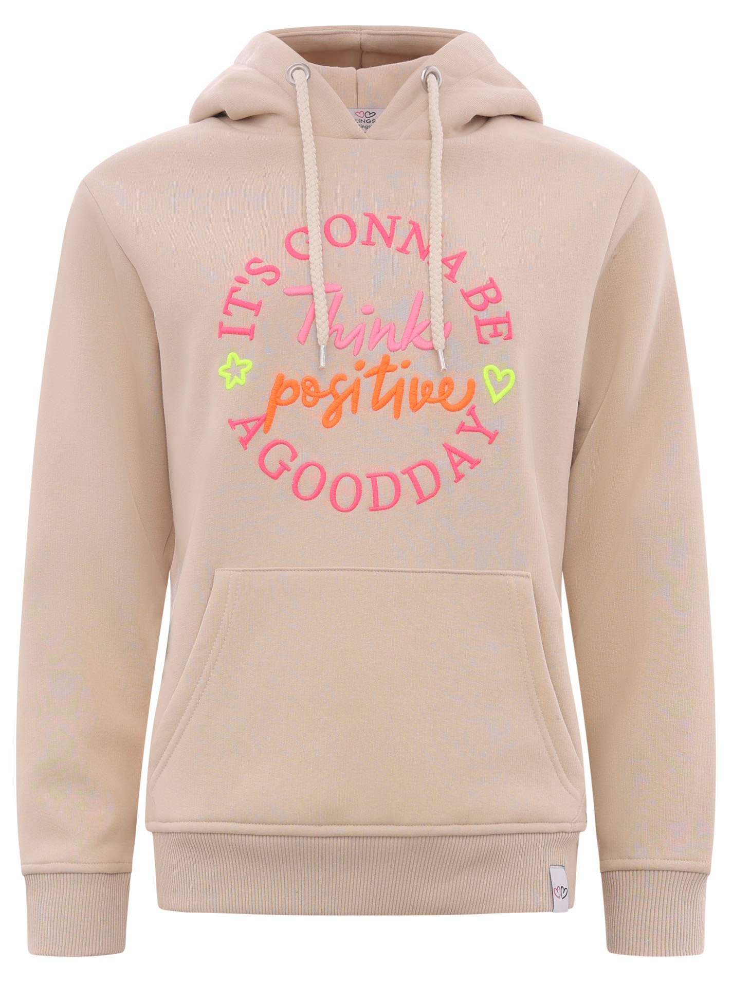 Zwillingsherz Sweatshirt, mit Kapuze und "Think positiv" Aufstick in Neonfarben