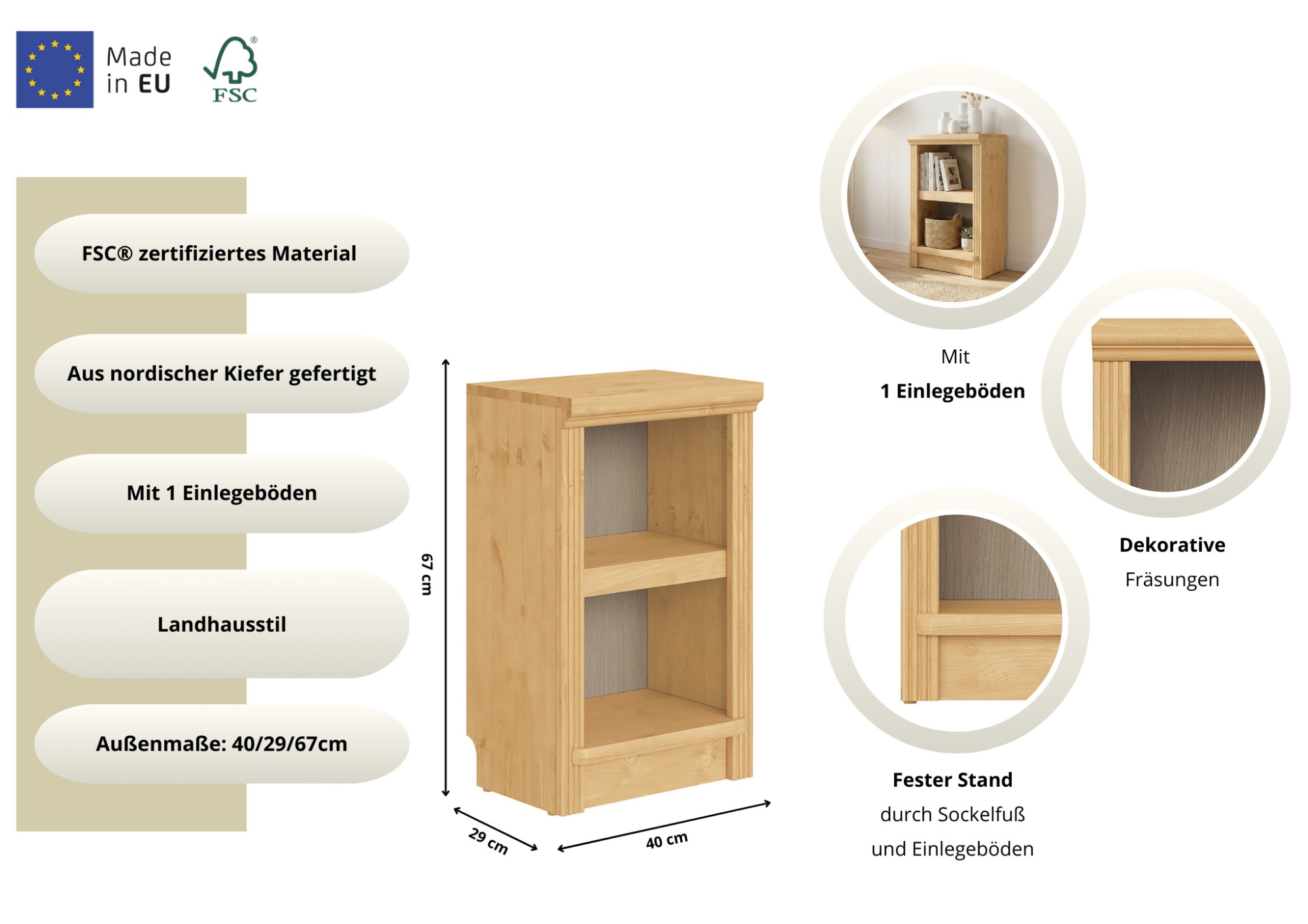 OTTO home Standregal »Riga Bücherregal Regal Breite/Tiefe 40/29 cm« aus massiver Kiefer, FSC®-zertifiziert