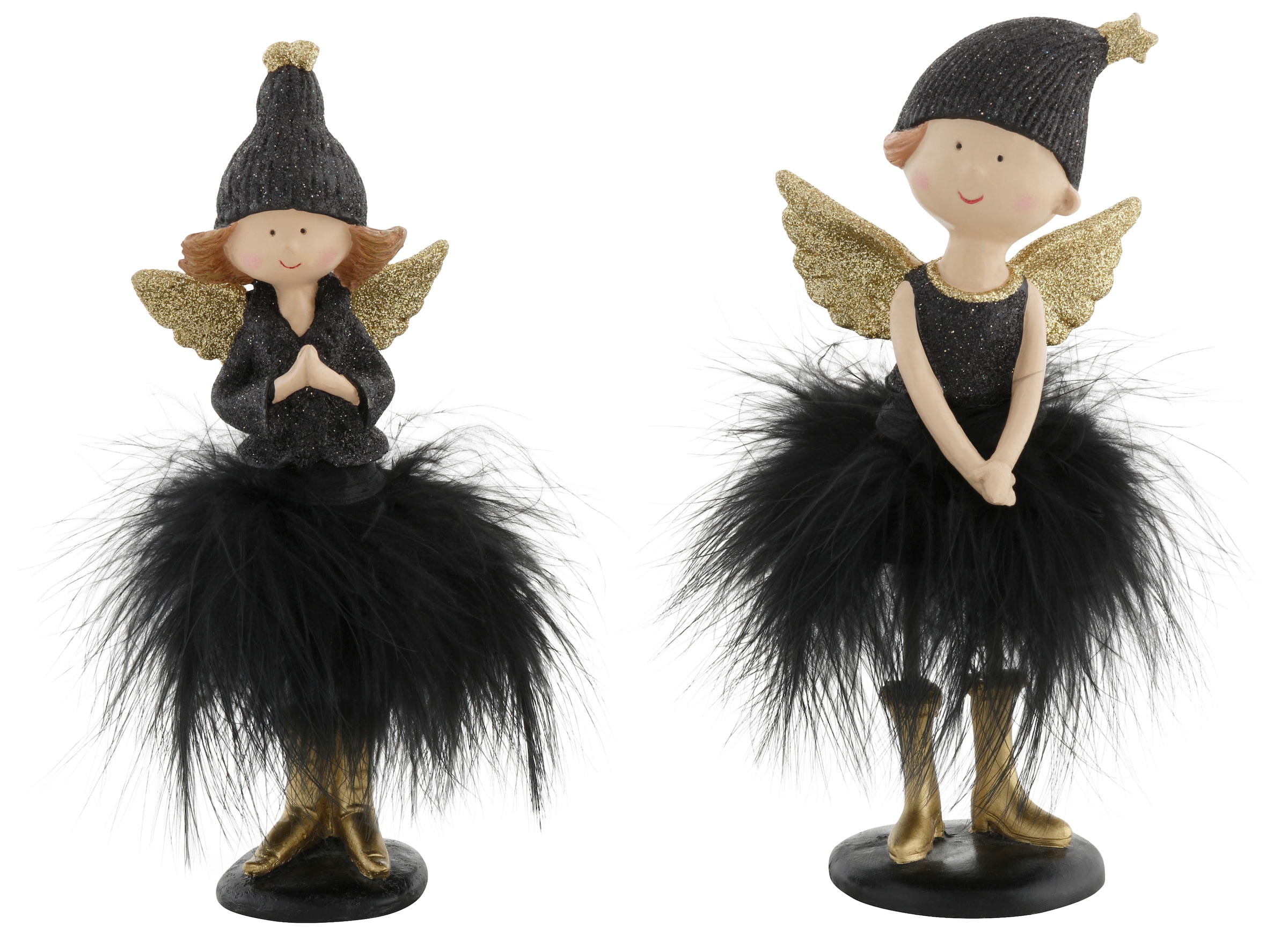 Engelfigur »Weihnachtsdeko«, mit Mütze und Kunstfederrock, beglimmert, 19 cm und 21 cm