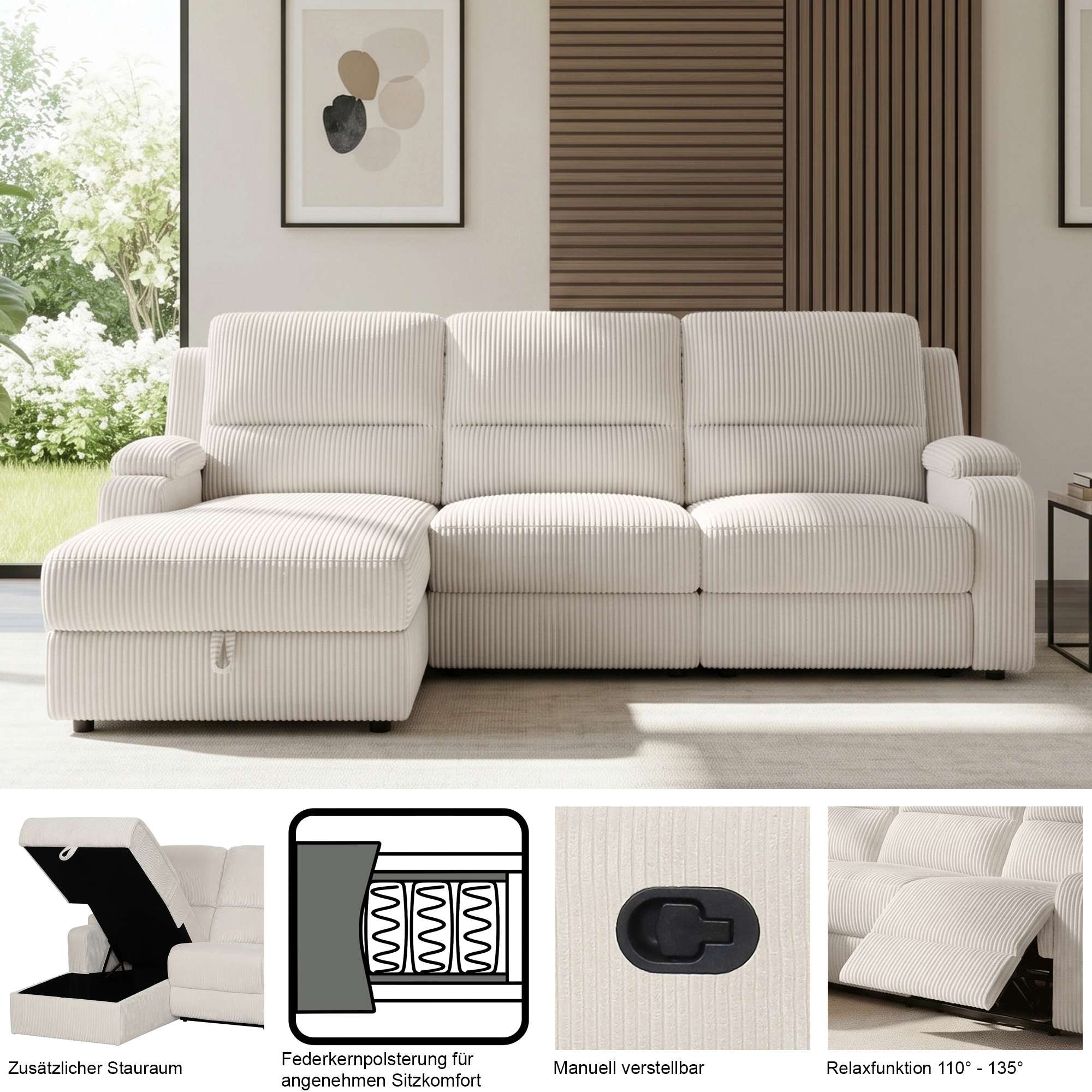 OTTO home Ecksofa »NAPORI Struktur-Bezug, L-Form, 210cm, man./elektr. Relaxfunktion« USB-A bei elektr. Variante, Staukasten, Seitentaschen u. Federkern