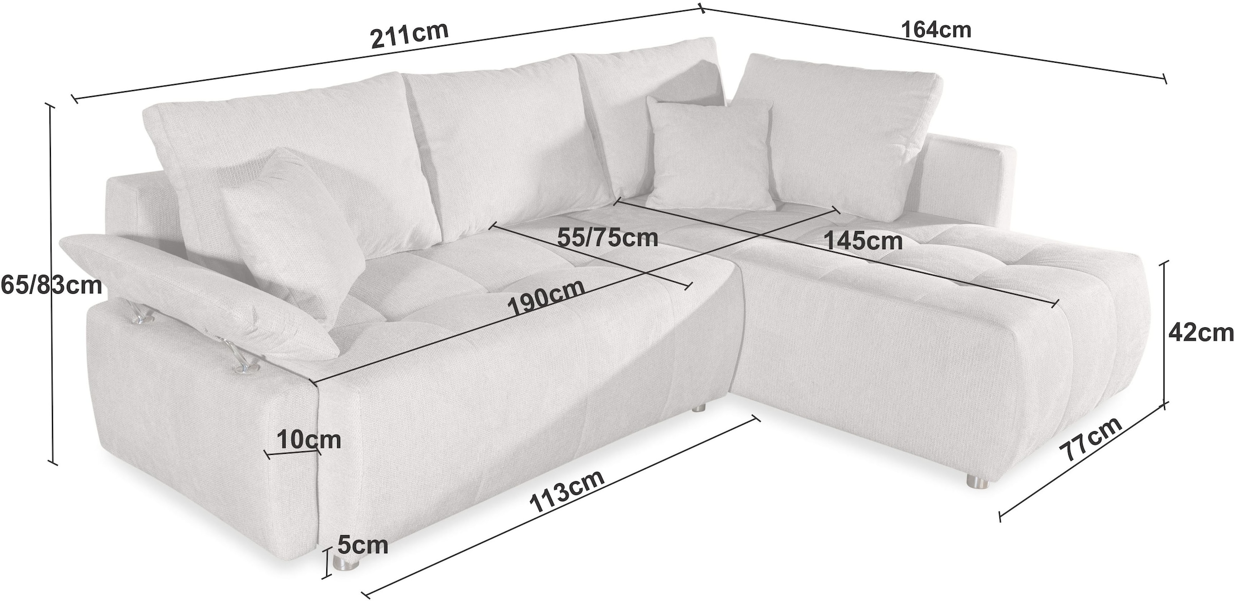 COLLECTION AB Ecksofa »Funtastic, Breite 213 cm« mit Schlaffunktion, Bettkasten, Armverstellung und Bonnelfederkern