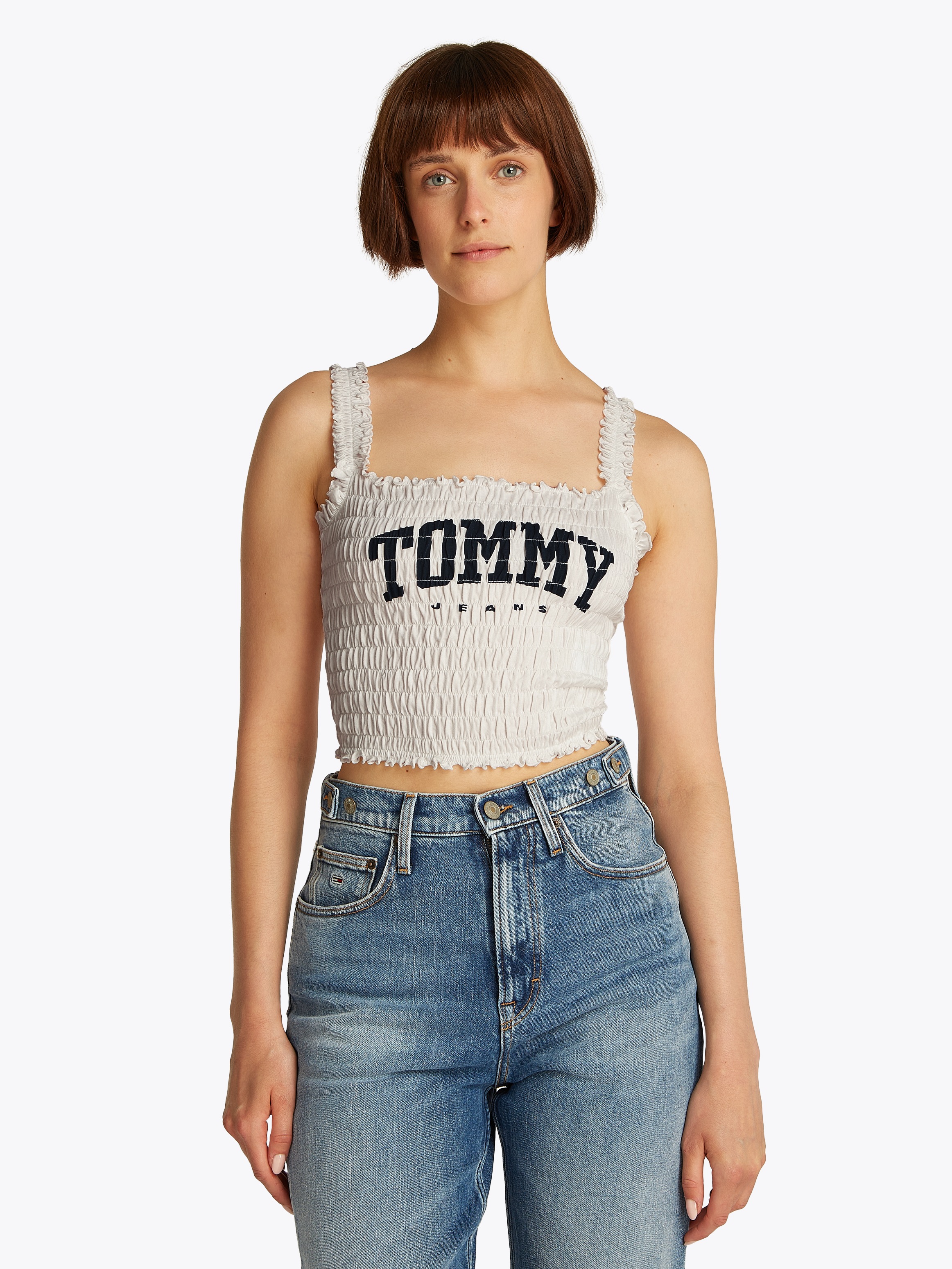 Tommy Jeans Smoktop »TJW SMOCK VARSITY BRALETTE«, in Smok-Optik