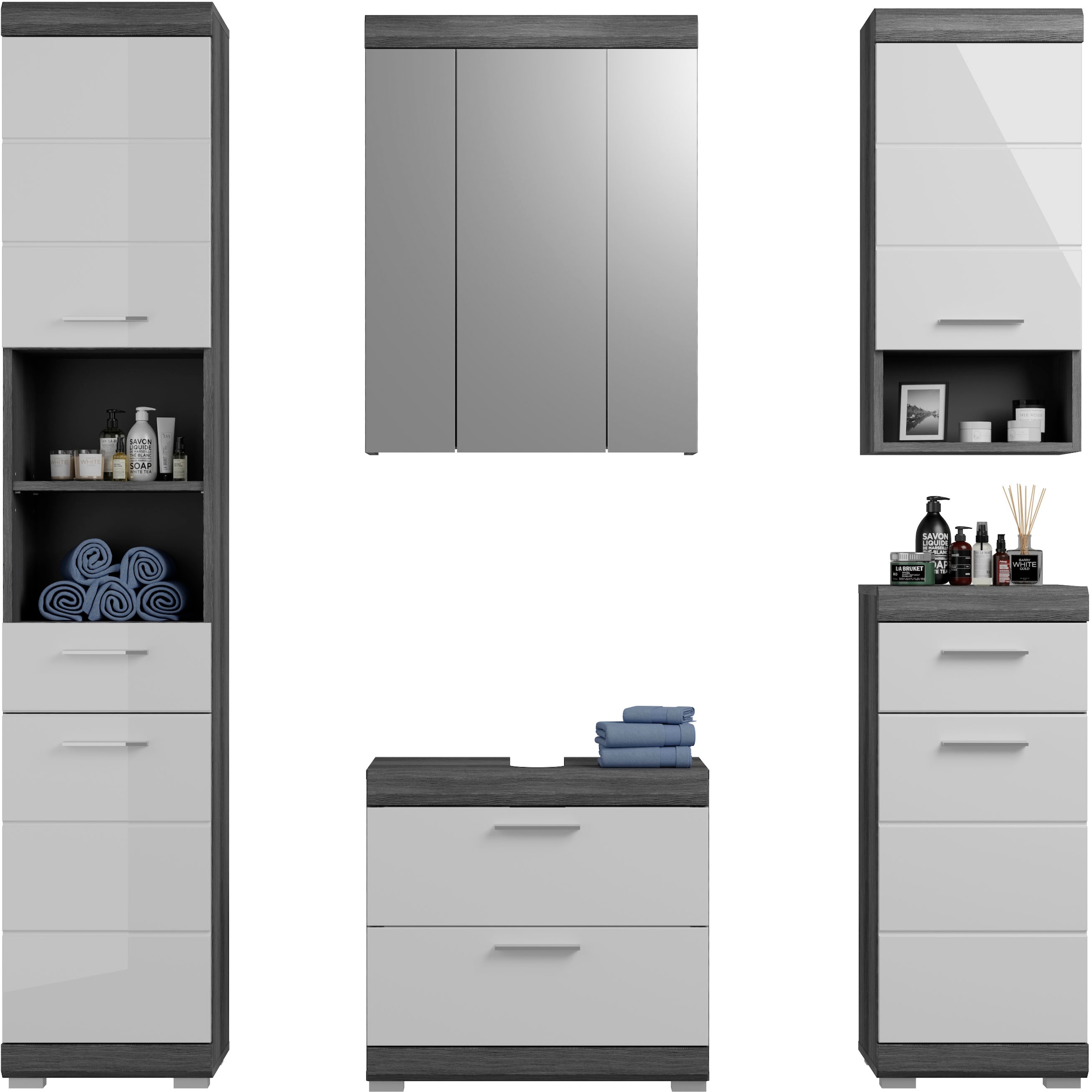 INOSIGN Badmöbel-Set »Siena, 5 teilig, bestehend aus:«, (Set, 5 St.), Hochschrank, WBU, Spiegelschrank, Unterschrank, Hängeschrank