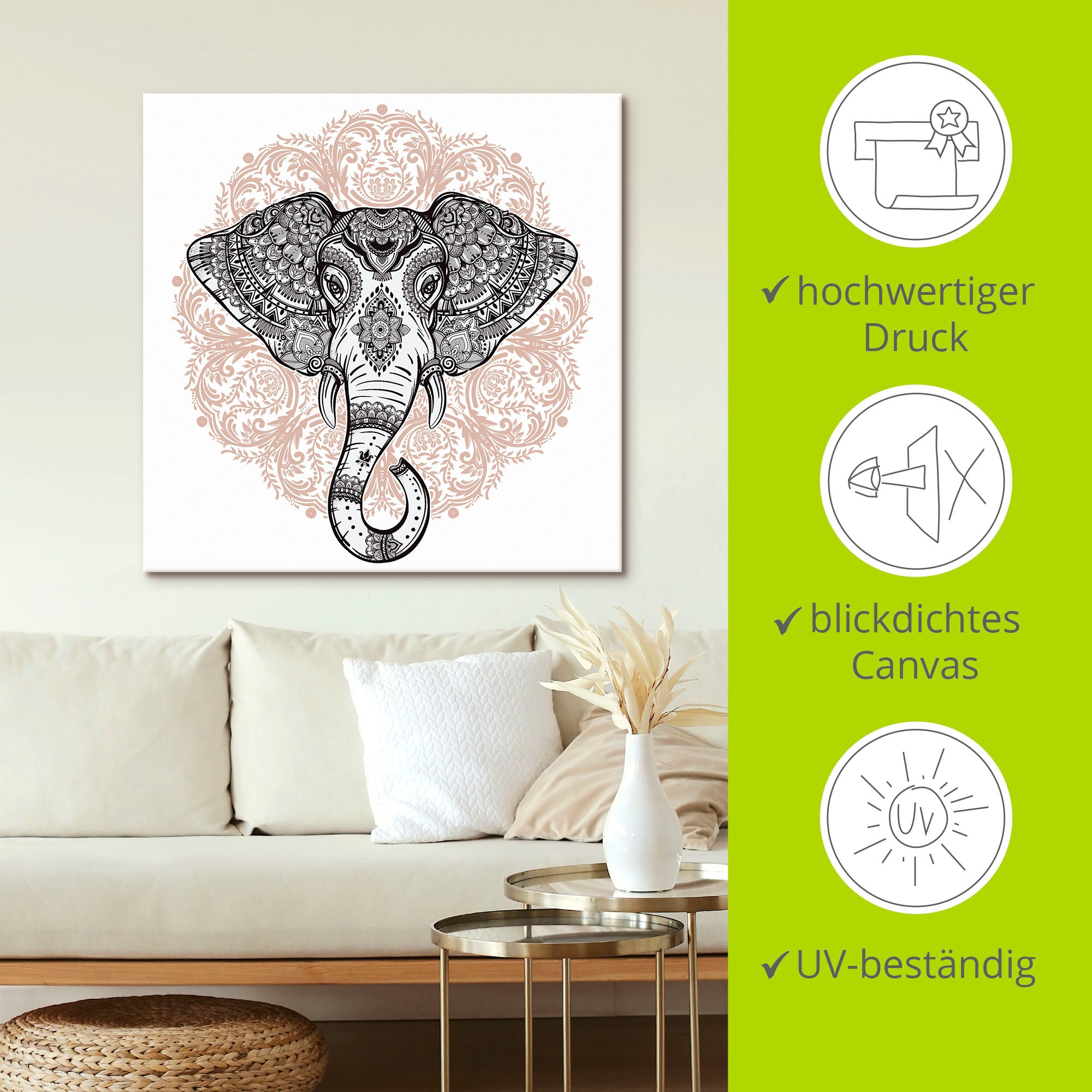 Artland Wandbild »Vintage Mandala Elefant«, Wildtiere, (1 St.), als Leinwandbild, Poster, Wandaufkleber in verschied. Größen