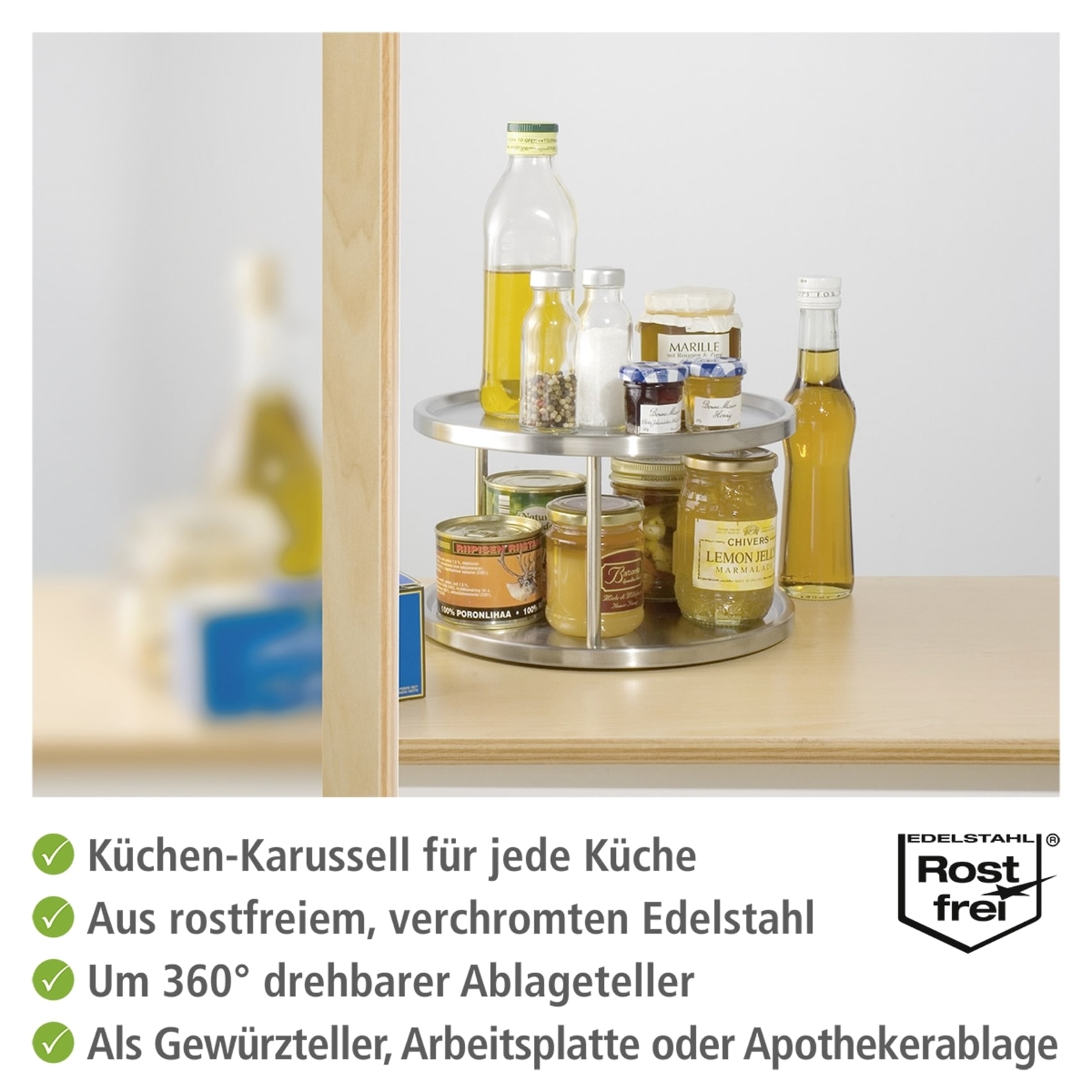 WENKO Küchenkarussell »Modell Duo«, drehbares Schrankrondell, 2 Etagen, für Gewürze und Vorräte, Edelstahl