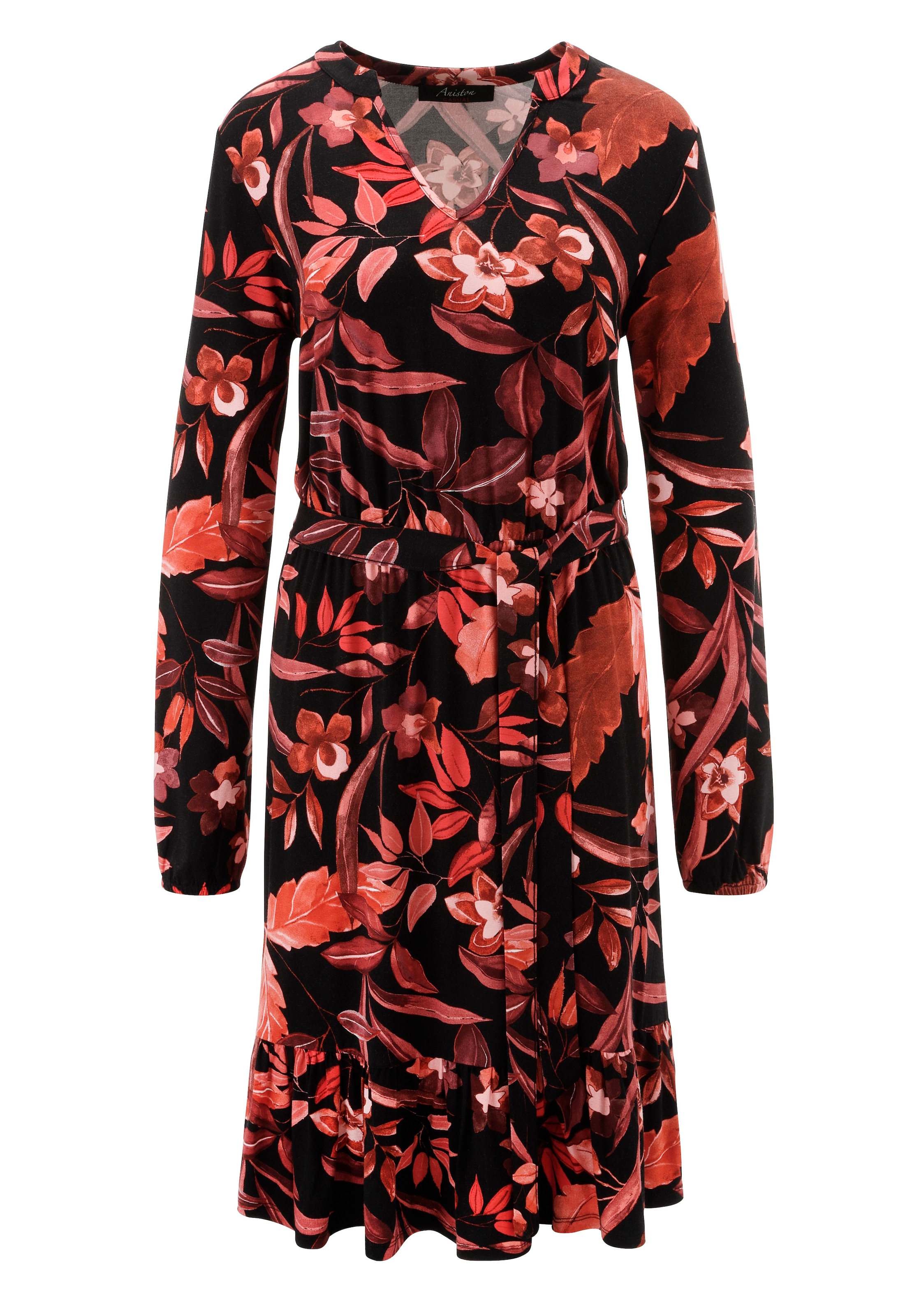 Aniston CASUAL Jerseykleid, (mit abnehmbarem Bindeband), mit großflächigen Blüten und Blättern bedruckt - NEUE KOLLEKTION