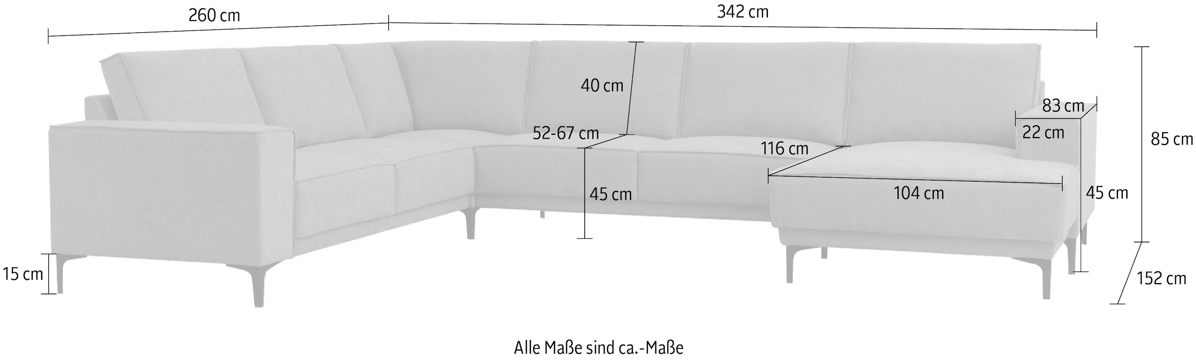 Places of Style Wohnlandschaft »XXL Sofa Oland, Struktur, Flachgewebe, Luxus-Microfaser, Boucle«, U-Form, 342 cm, Wellenunterfederung, Skandi-Design, Metallfüße
