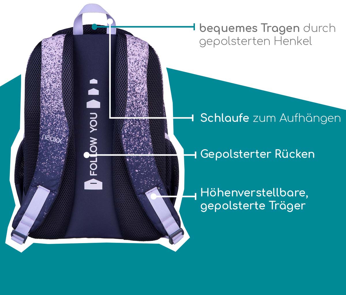neoxx Schulrucksack »Fly, Glitterally perfect«, Reflektionsnaht, aus recycelten PET-Flaschen