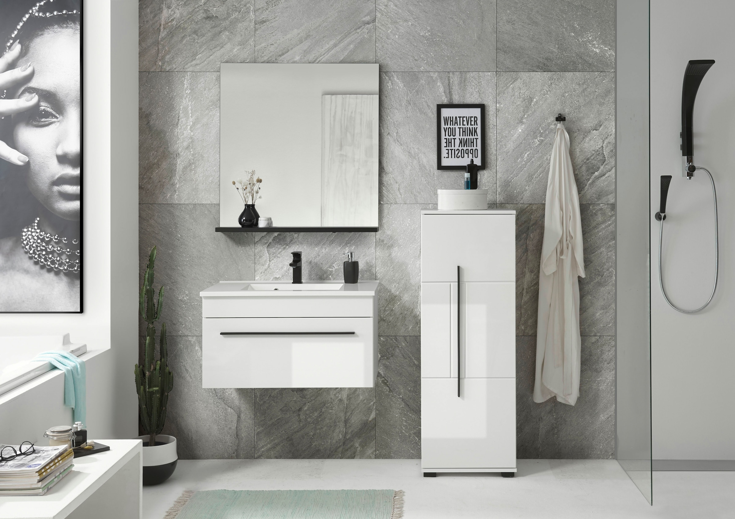 INOSIGN Badmöbel-Set »Cantara, Bad im modernen Design, 3-teiliges Badezimmer«, (Set, 3 St.), Waschtisch, Schrank und Spiegel, in Weiß Hochglanz, viel Stauraum