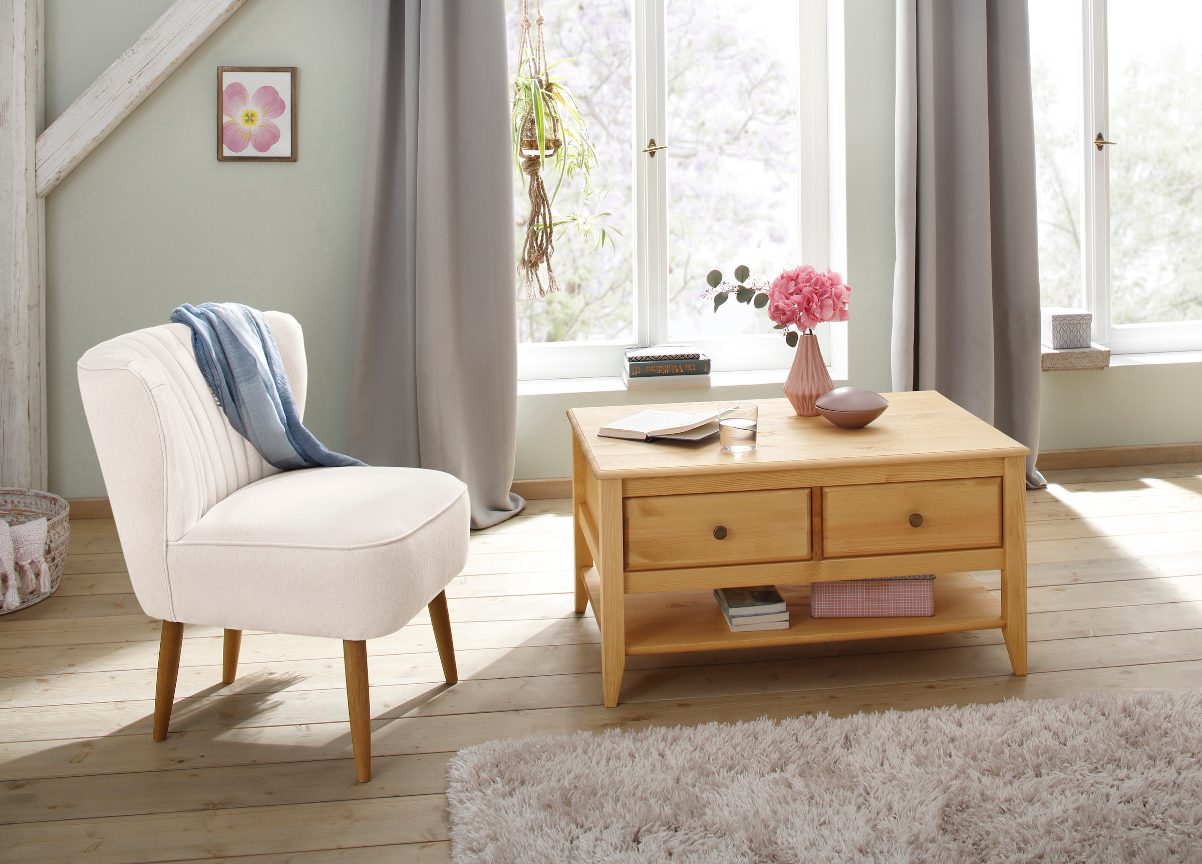 OTTO home Couchtisch »Leonis« Breite 89 cm, mit Schubladen und Ablageboden, massiver Kiefer,  FSC®