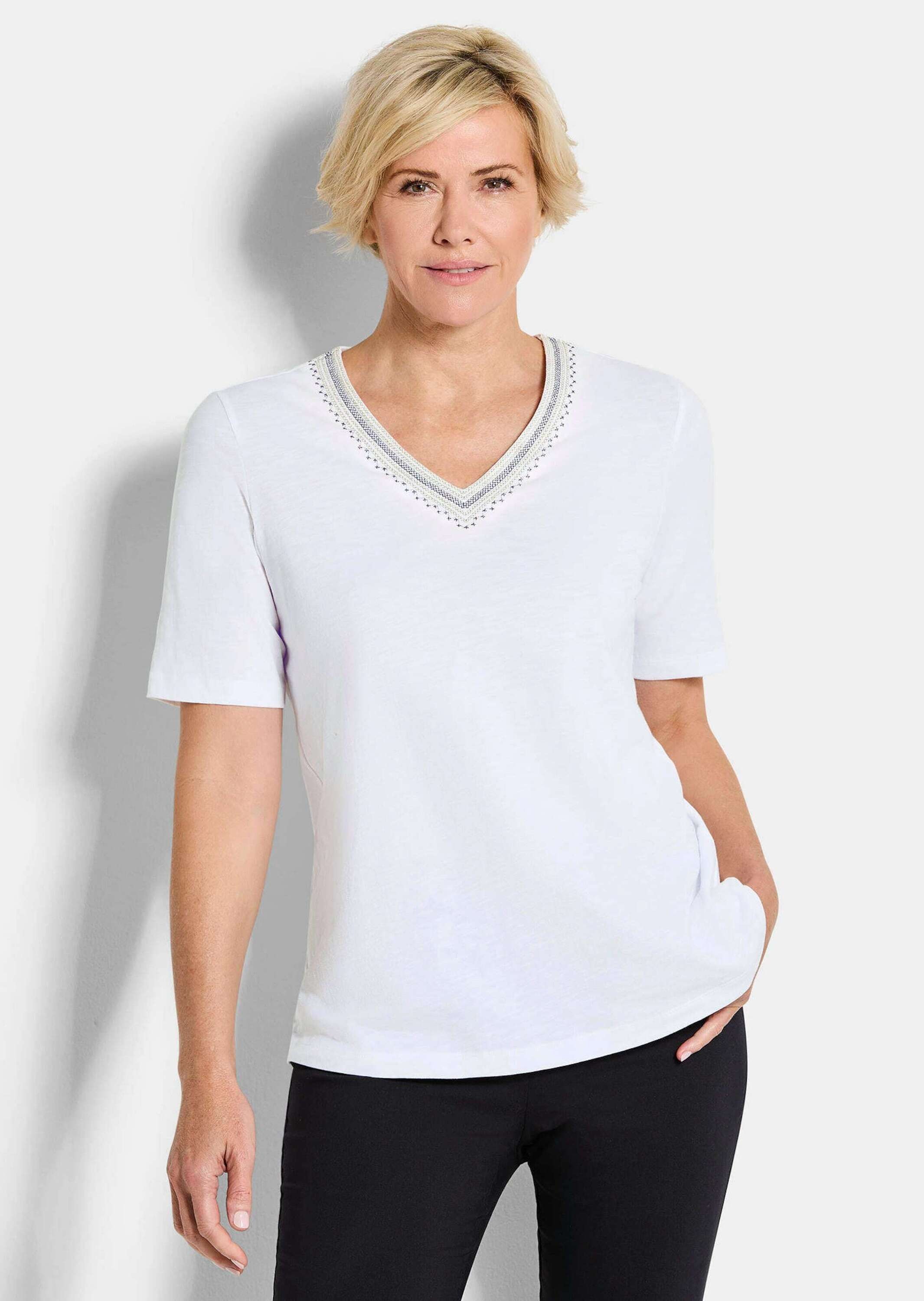 GOLDNER Kurzarmshirt »Baumwollshirt mit edler Stickerei« dekorative Stickerei am Ausschnitt