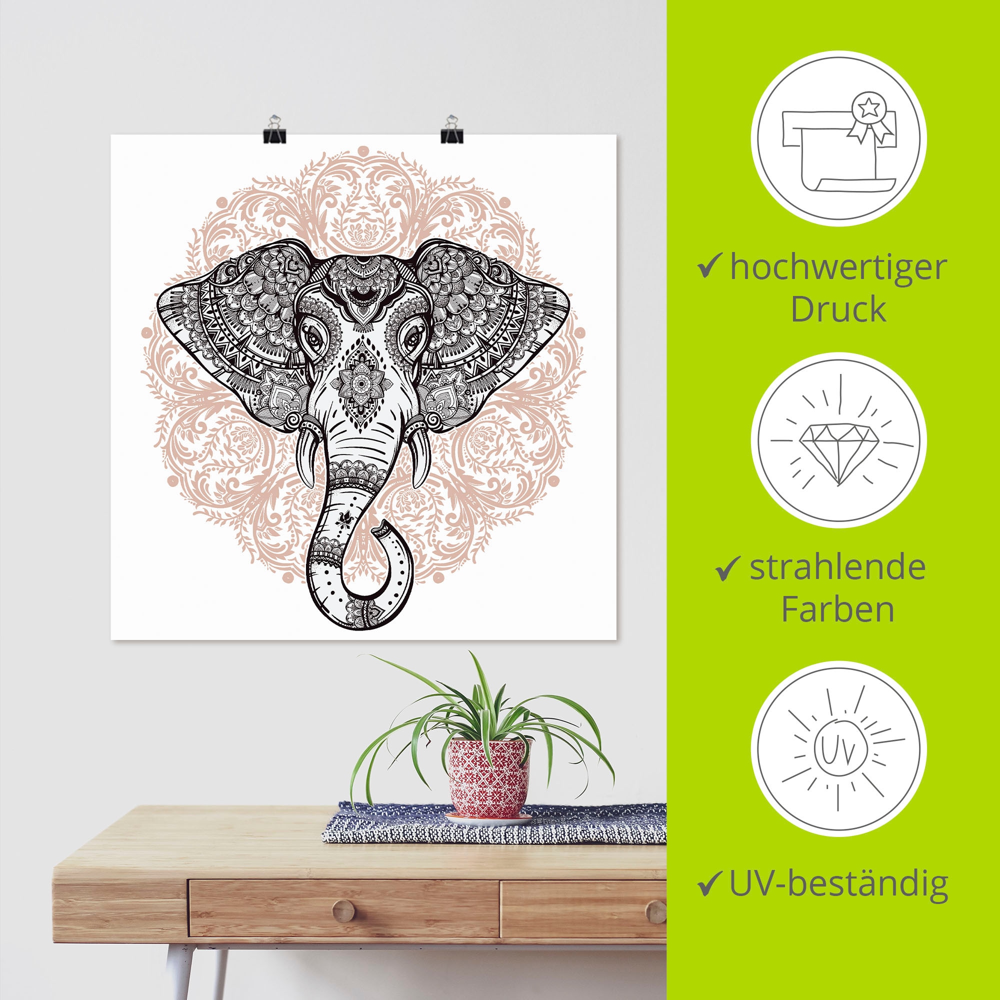 Wandbild »Vintage Mandala Elefant«, Wildtiere, (1 St.), als Leinwandbild, Poster,...