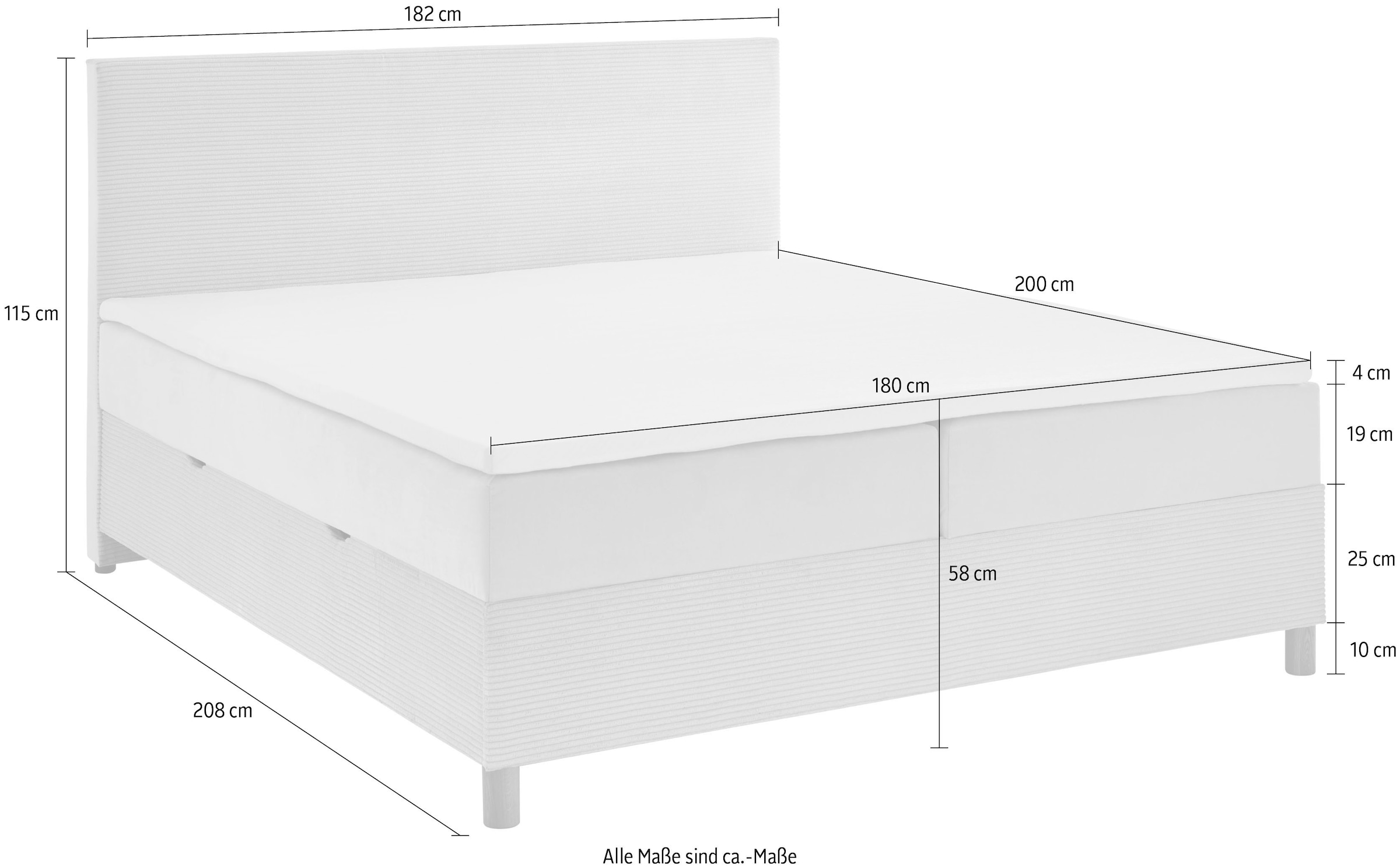 meise.möbel Boxbett »Korsika«, mit Bettkasten und Topper, Bezug aus einem Stoff- und Cordmix