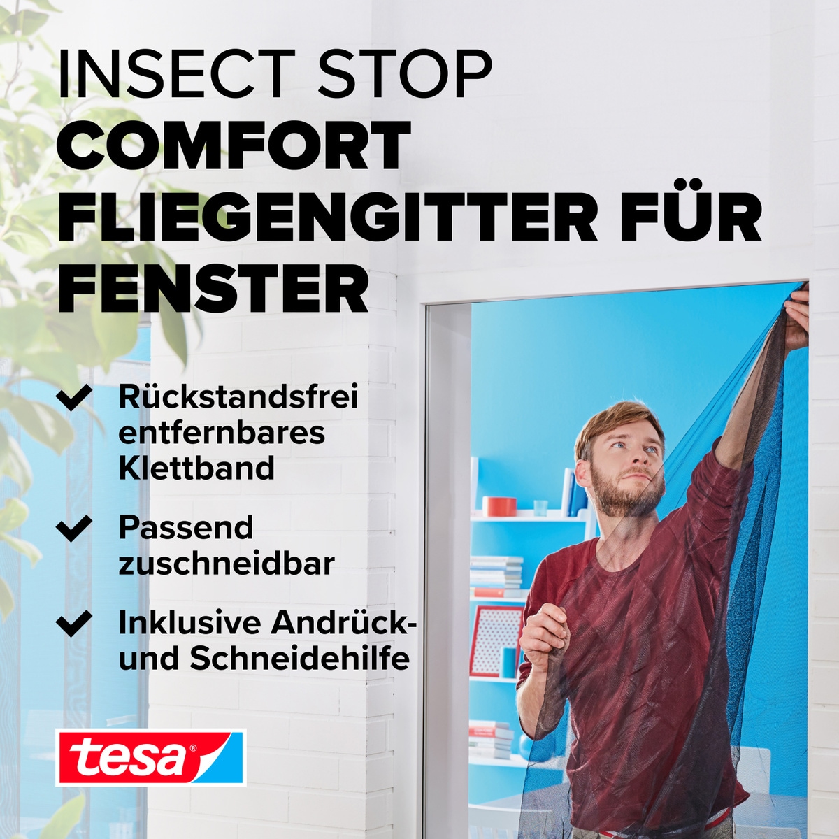 tesa Insektenschutz-Fensterrahmen »Insect Stop Comfort Fliegengitter für Fenster - 1.7 m : 1.8 m«, Insektenschutzgitter - Fliegenetz ohne Bohren - zuschneidbar