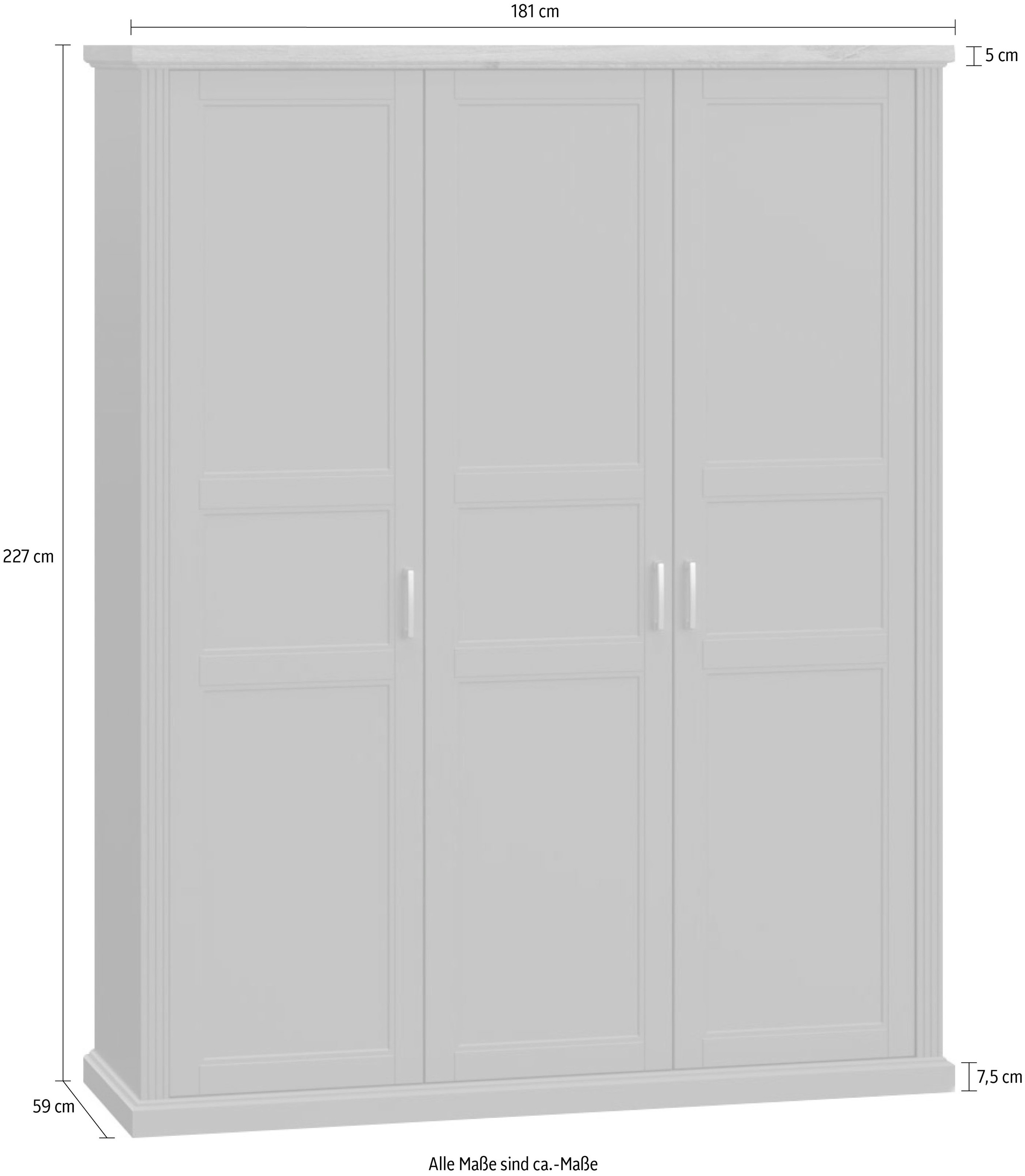 Home affaire Kleiderschrank »Tara, wahlweise 4 Breiten, hoher Schrank 227cm, soft-close-Funktion«, (Landhausstil mit Kranzprofil und Kasettenoptik, Innen Holzdekor), lackiert mit hochwertigen wasserbasiertem UV-Lack, FSC-zertifiziert