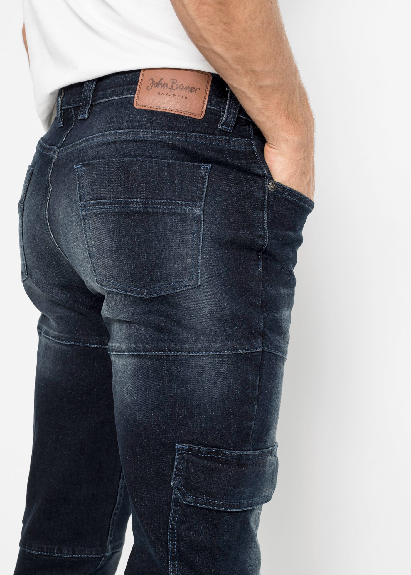 bonprix Cargojeans »Slim Fit Cargo-Stretch-Jeans, Straight« Slim Fit, aus Baumwolle und Elasthan, mit gewaschener Optik