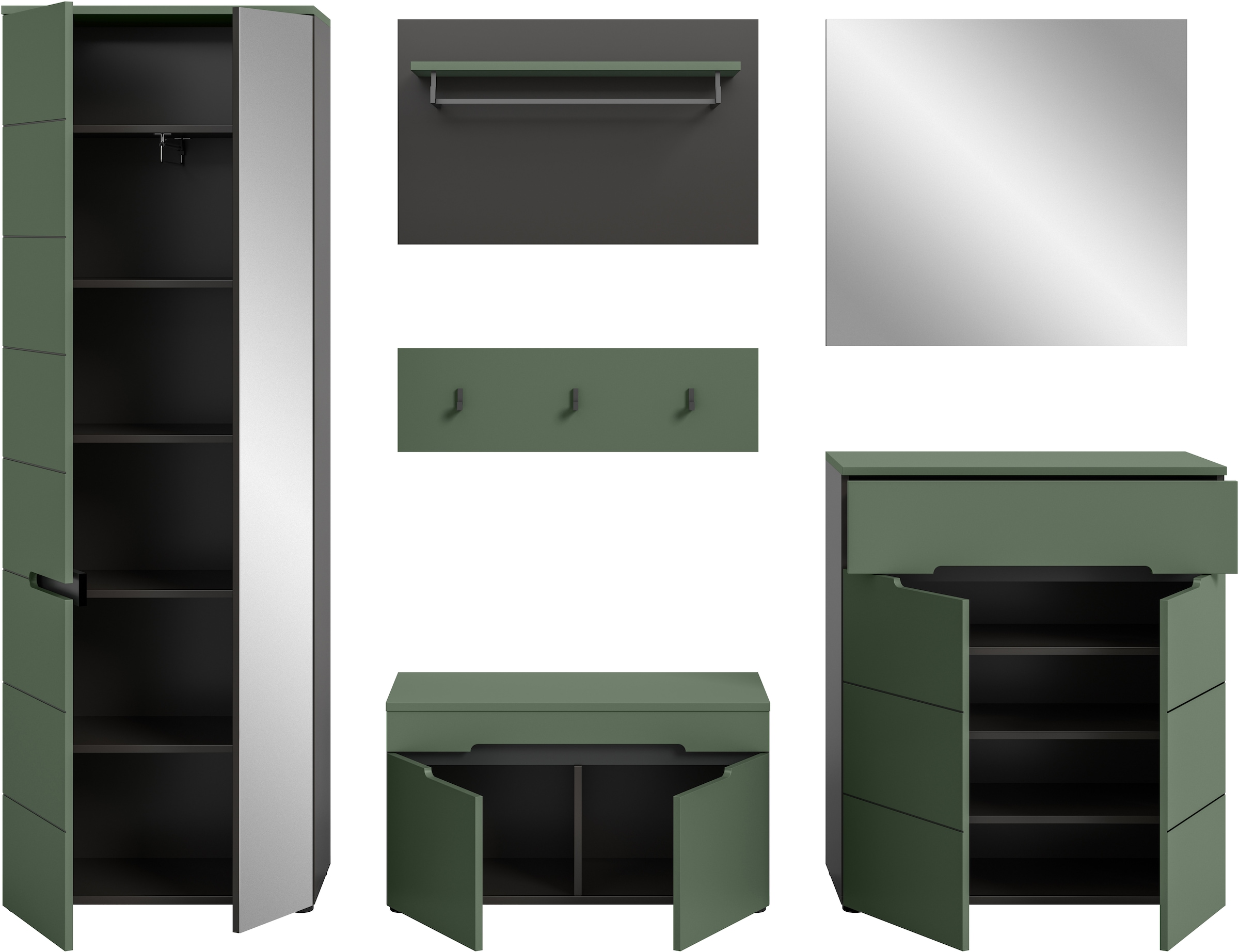 Home affaire Garderoben-Set »Rehat, Garderobenkombination, Breite 255cm« Garderobenschrank, Sitzbank, Paneel, Hakenleiste, Spiegel, Kommode, 6 Stk. tlg.