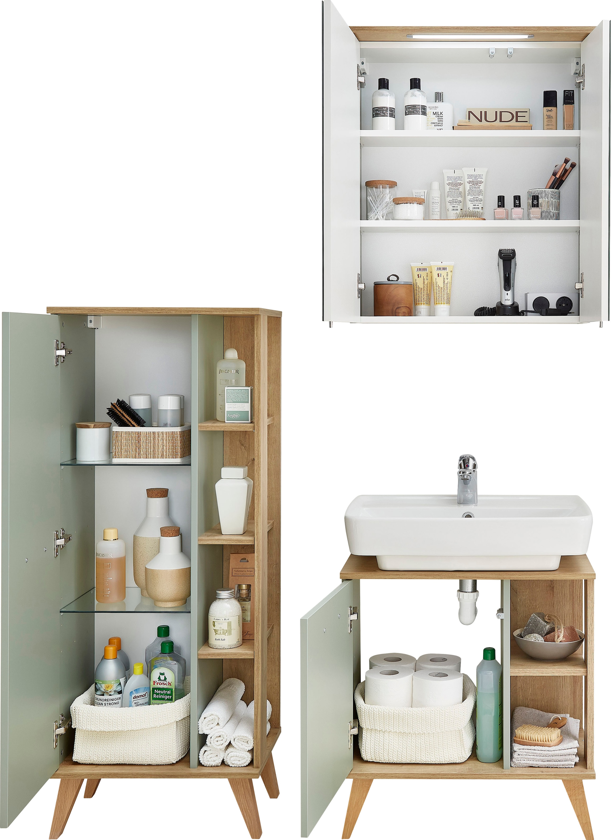 Saphir Badmöbel-Set »Quickset 3-teilig, Waschbeckenunterschrank mit LED-Spiegelschrank«, (3 St.), Midischrank, inkl. Türdämpfer, 4 Türen, 5 Einlegeböden, Bad-Set