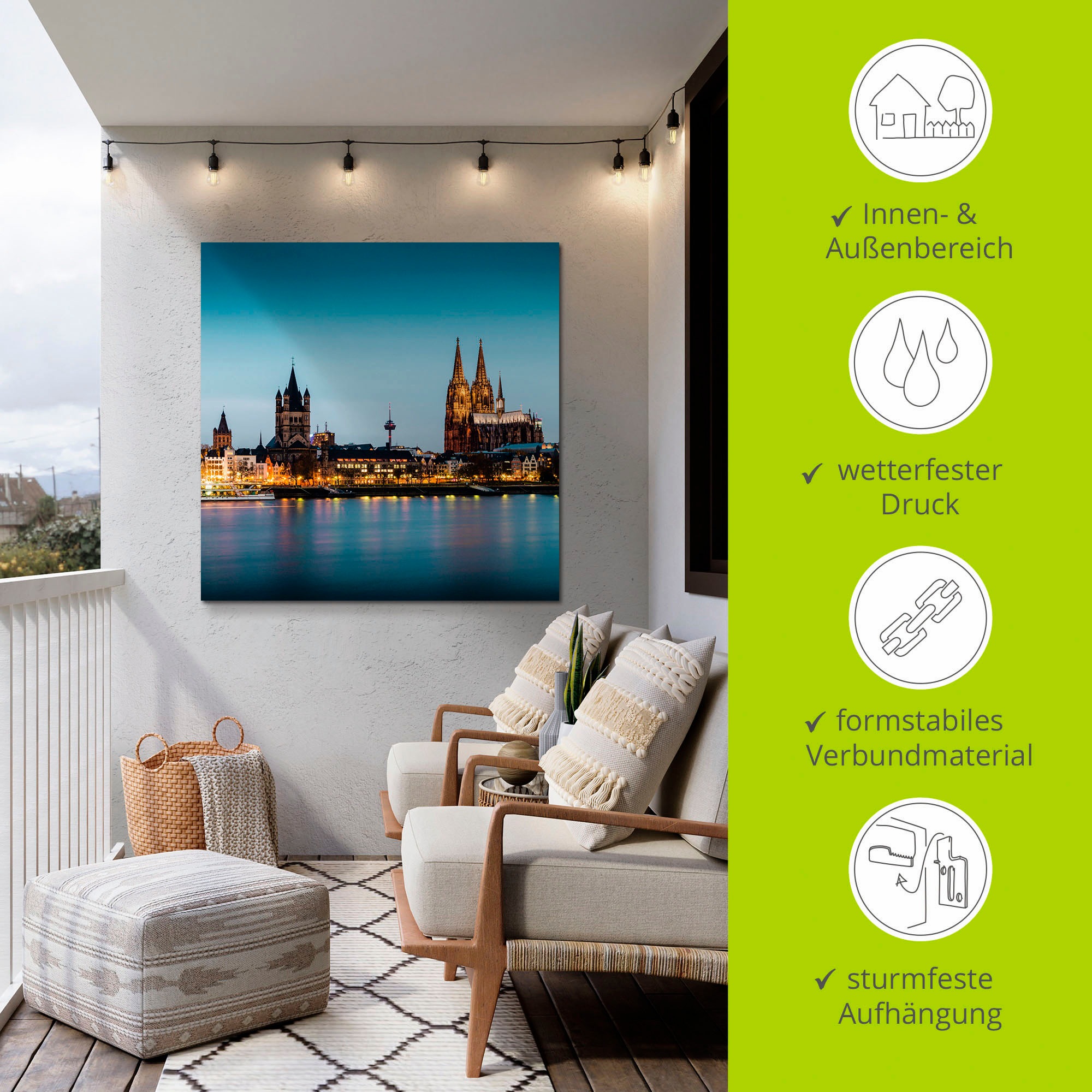 Artland Alu-Dibond-Druck »Köln Rheinpromenade« Deutschland 1 Stk. tlg. für Innen- und Außenbereich geeignet, Outdoorbild