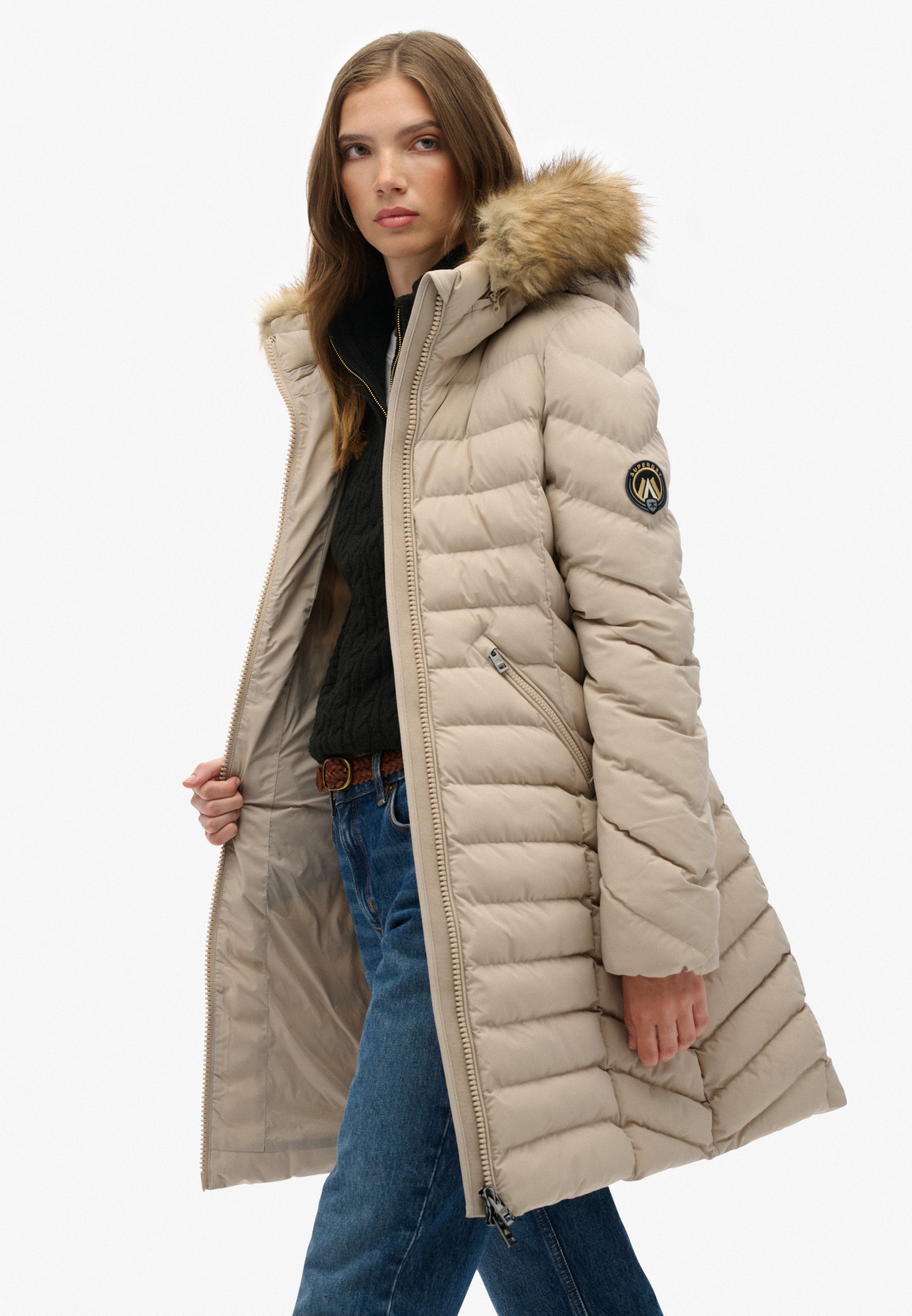 Superdry Steppjacke »FUJI FAUX FUR HOOD MID LENGTH« mit Kapuze