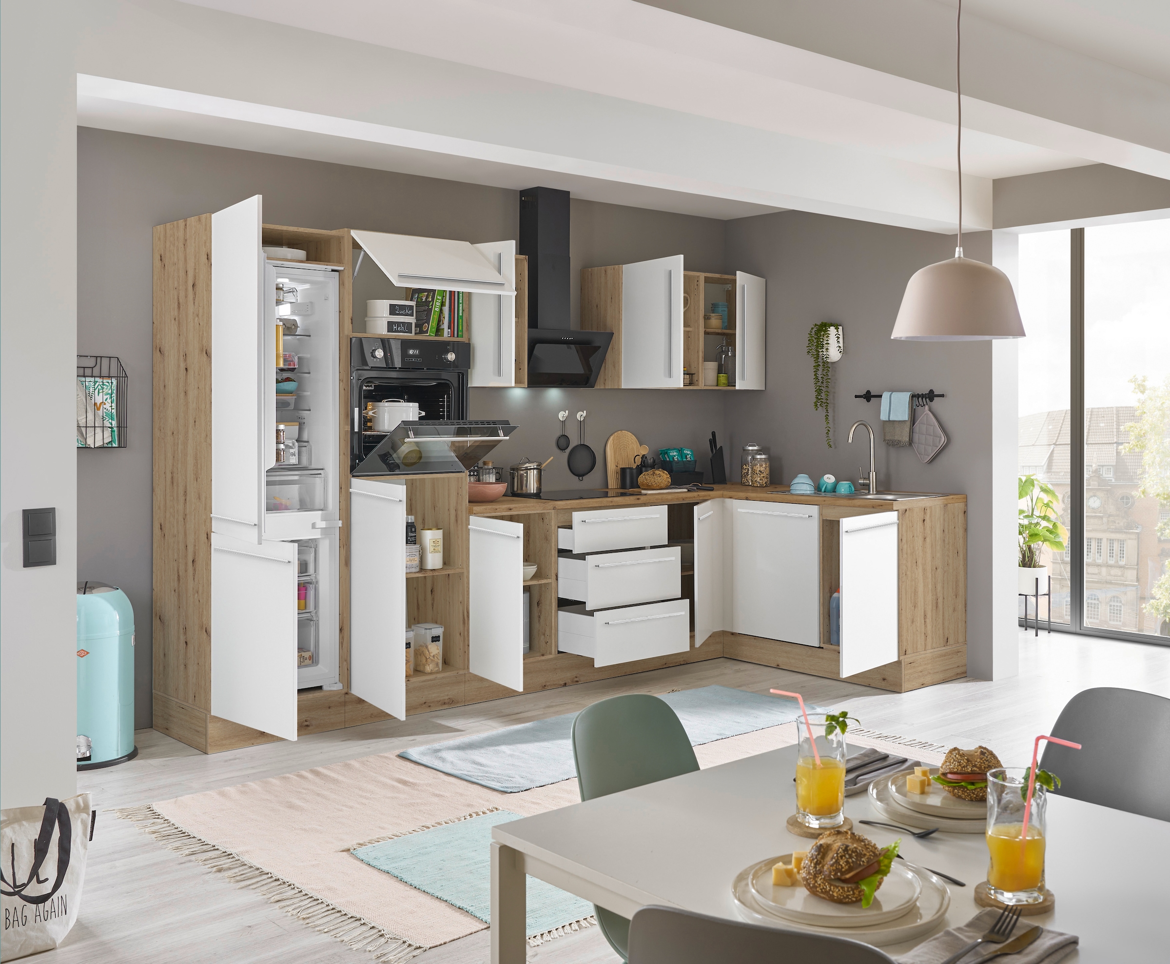 KOCHSTATION Winkelküche »Florida, Stellbreite 340x175 cm« wahlweise mit E-Geräten, mit Softclose für Türen und Schubkästen