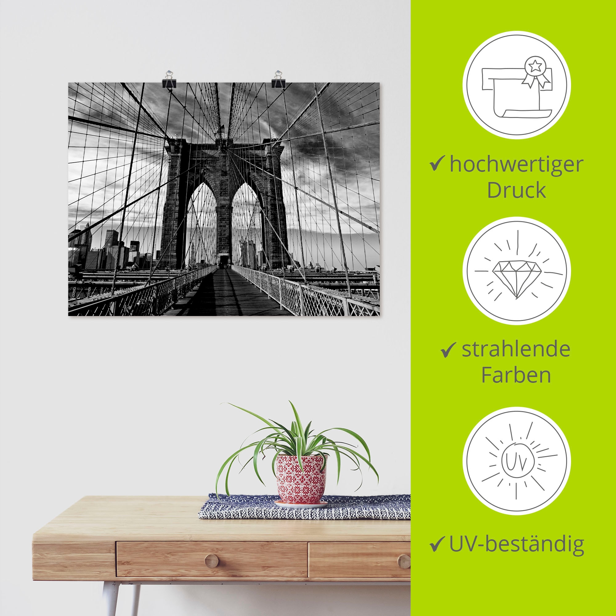 Artland Wandbild »Brooklyn Bridge - schwarz/weiss«, Brücken, (1 St.), als Alubild, Outdoorbild, Leinwandbild, Poster in verschied. Größen