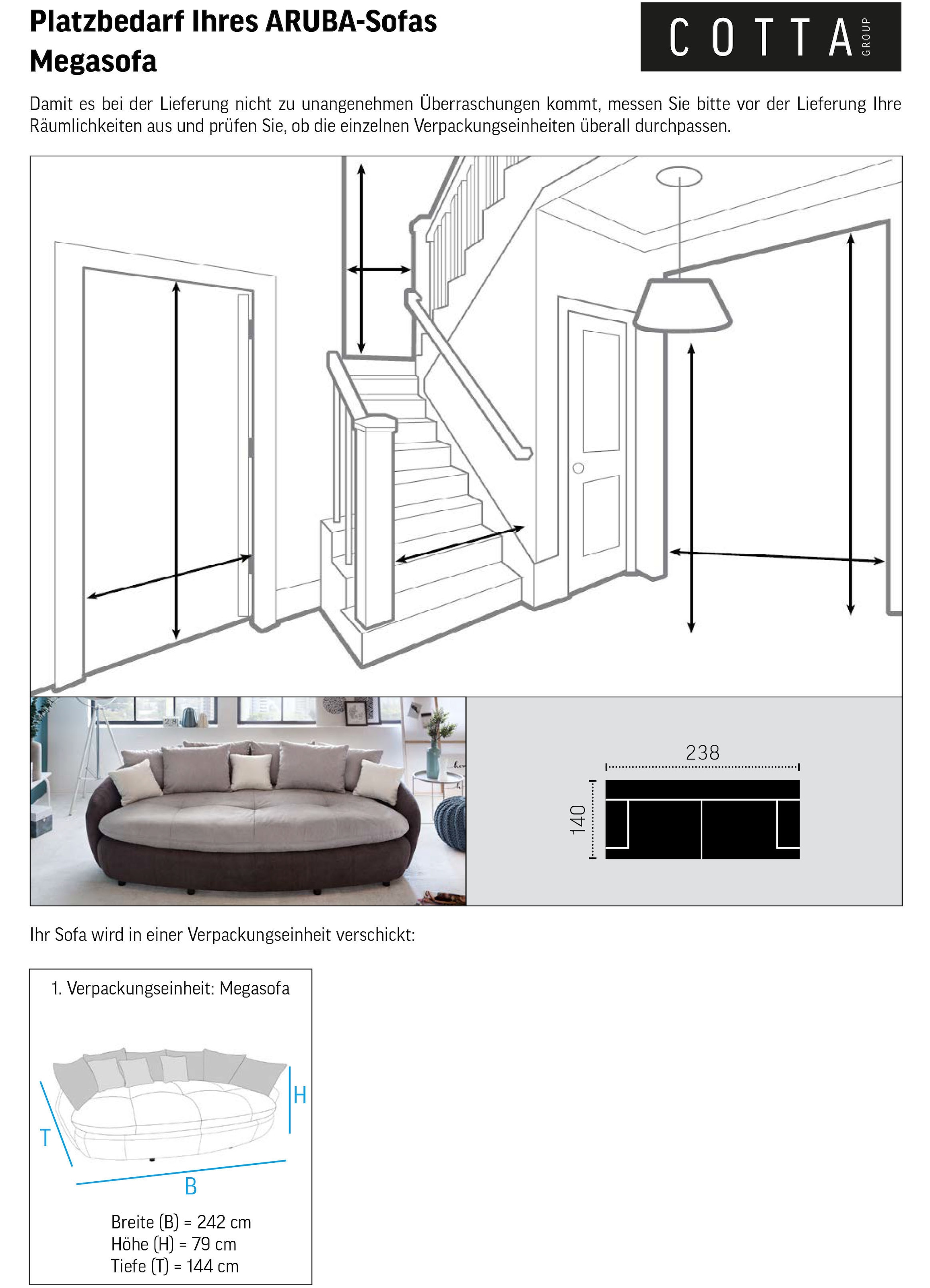 COTTA Big-Sofa »Aruba, B. 238cm, bequemer Sitzkomfort durch Wellenfedern,  Mattenoptik« gemütliches Megasofa in XXL in organischer Form mit vielen Kissen