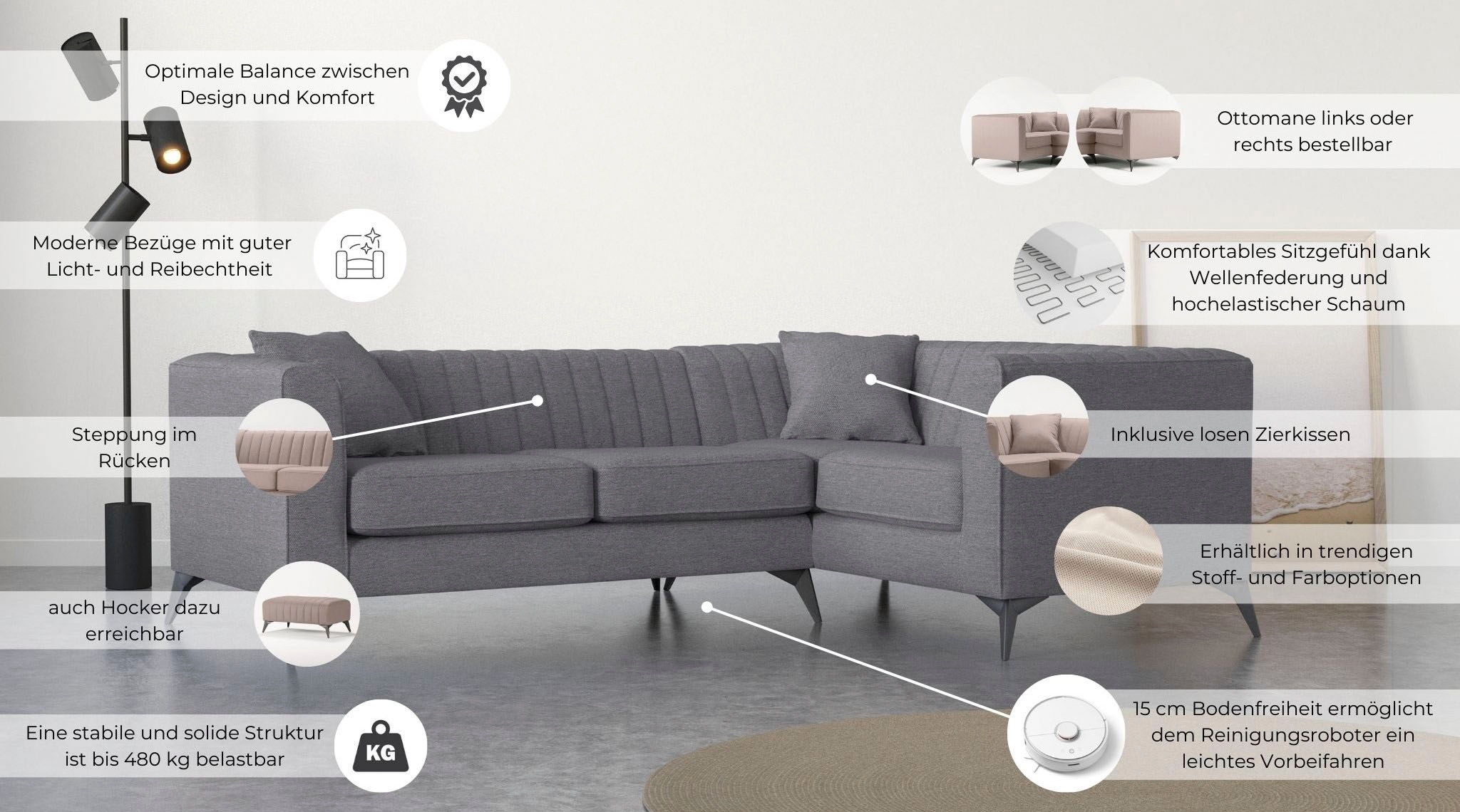 Places of Style Ecksofa »MATTHEW L-Form ideal für kleine Räume, Maße B/T/H: 240/167/74 cm«, elegantes Designsofa, Steppung im Rücken, incl. Zierkissen