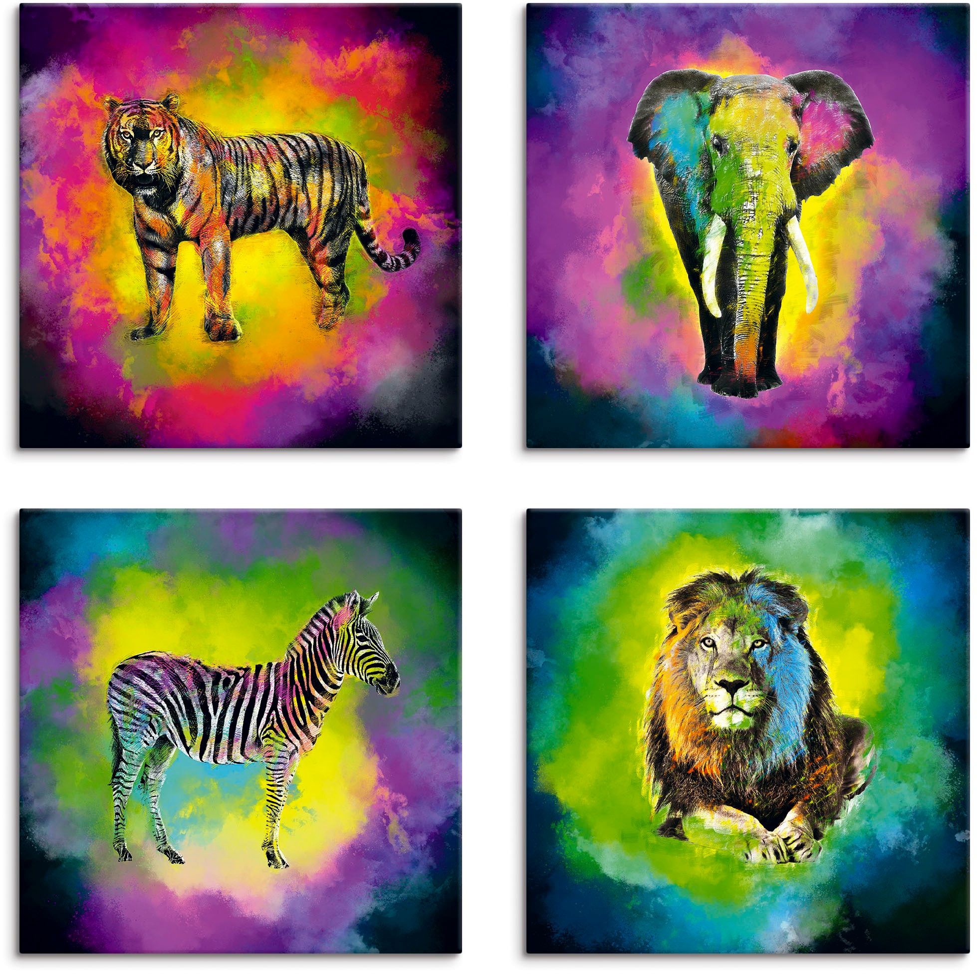 Leinwandbild »Farbexplosion Elefant Löwe Zebra Tiger«, Wildtiere, (4 St.), 4er Set,...