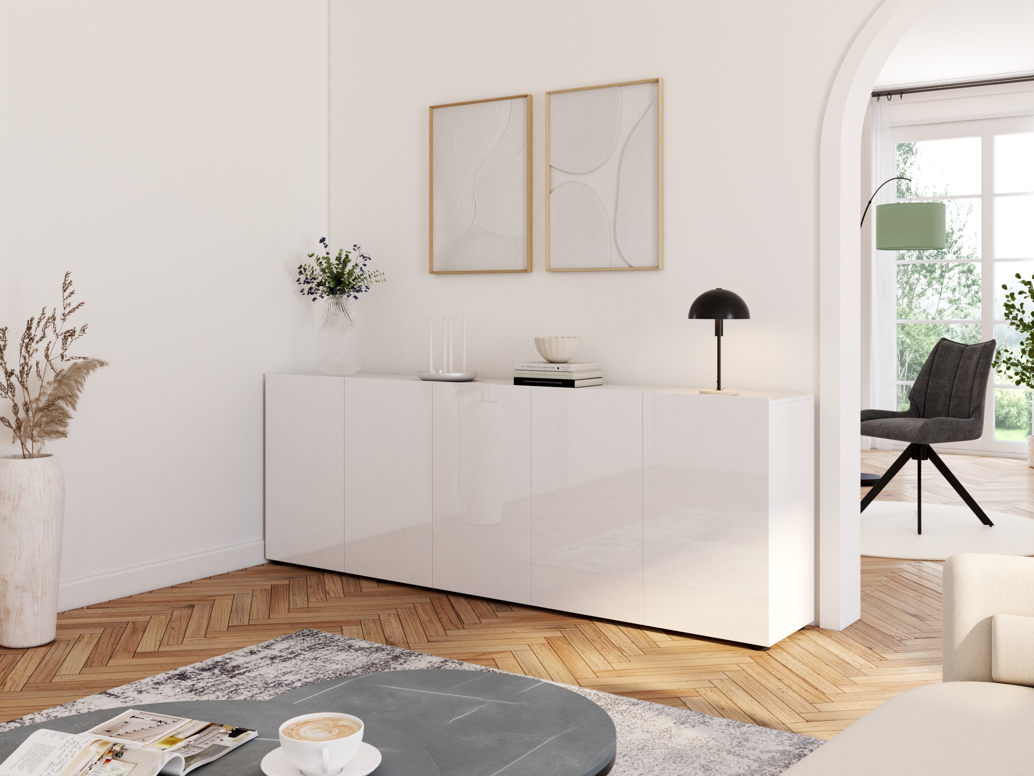 INOSIGN Sideboard »MISTER – Schrank, Kommode, 225 cm breit, 80 cm hoch, Made in Italy« komplett Hochglanz lackiert, 5 Türen, 6 Fächer