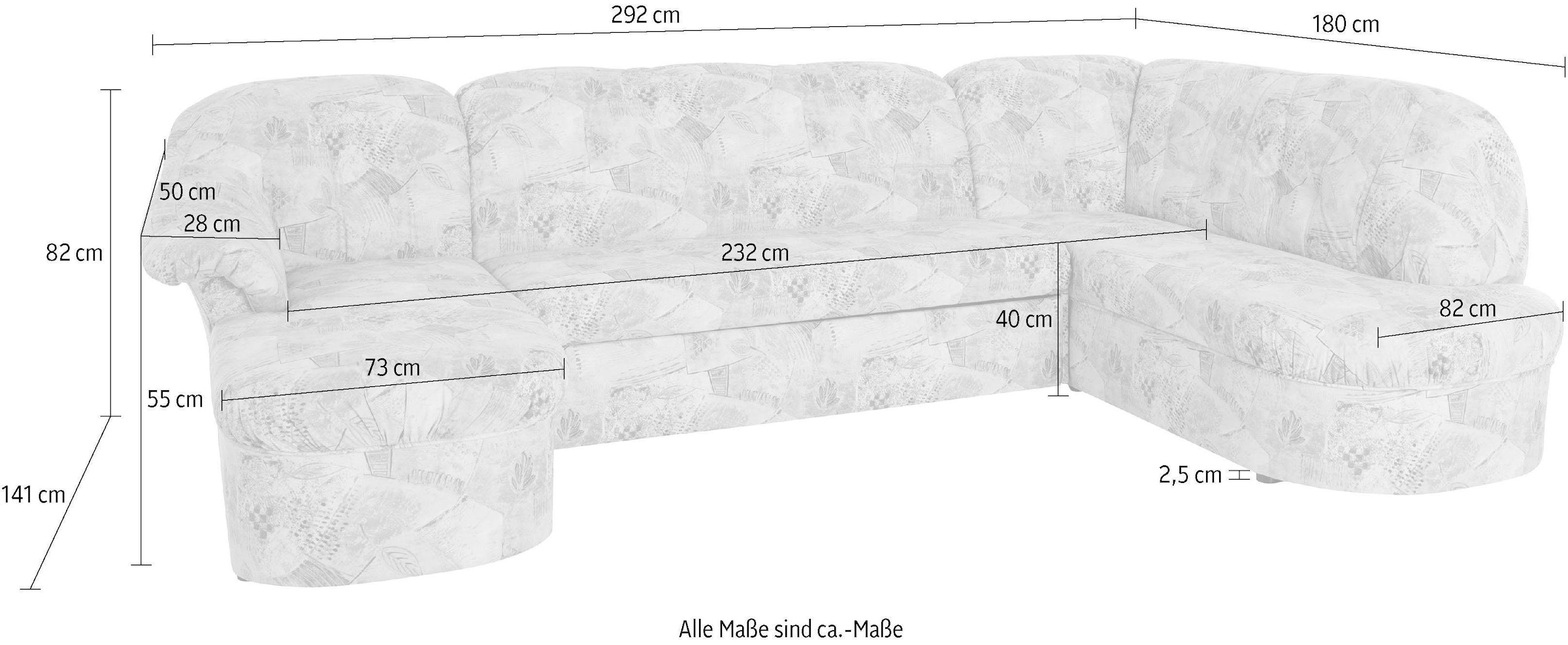 DOMO collection Wohnlandschaft »Pegnitz, zeitlos&modern, elegante Rückensteppung, Breite 292cm, U-Form« wahlweise mit Bettfunktion