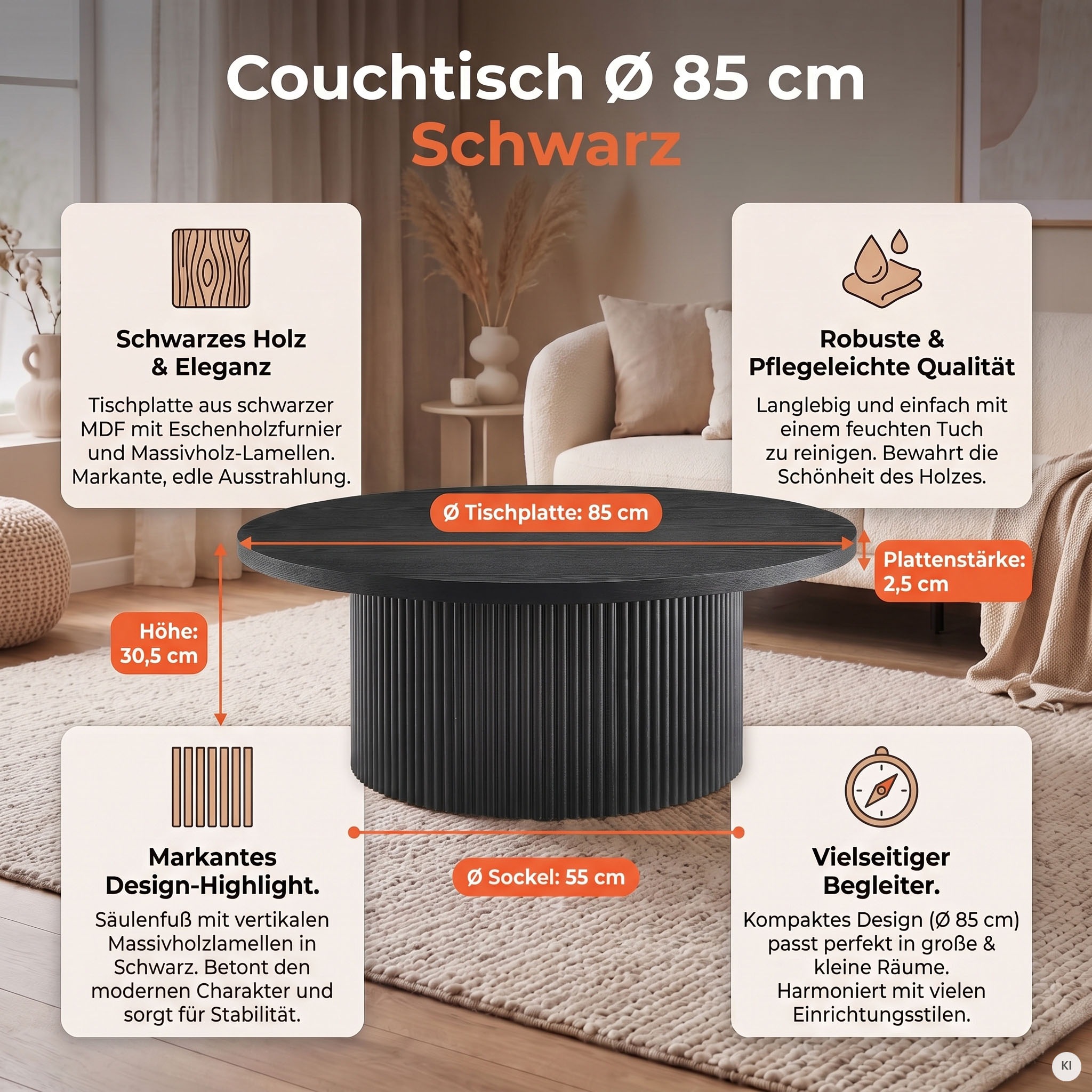 SalesFever Couchtisch »mit Massivholz-Lamellen, Ø 85  cm« 1 Stk. tlg. Moderner Wohnzimmertisch aus Holz in natürlichem Look