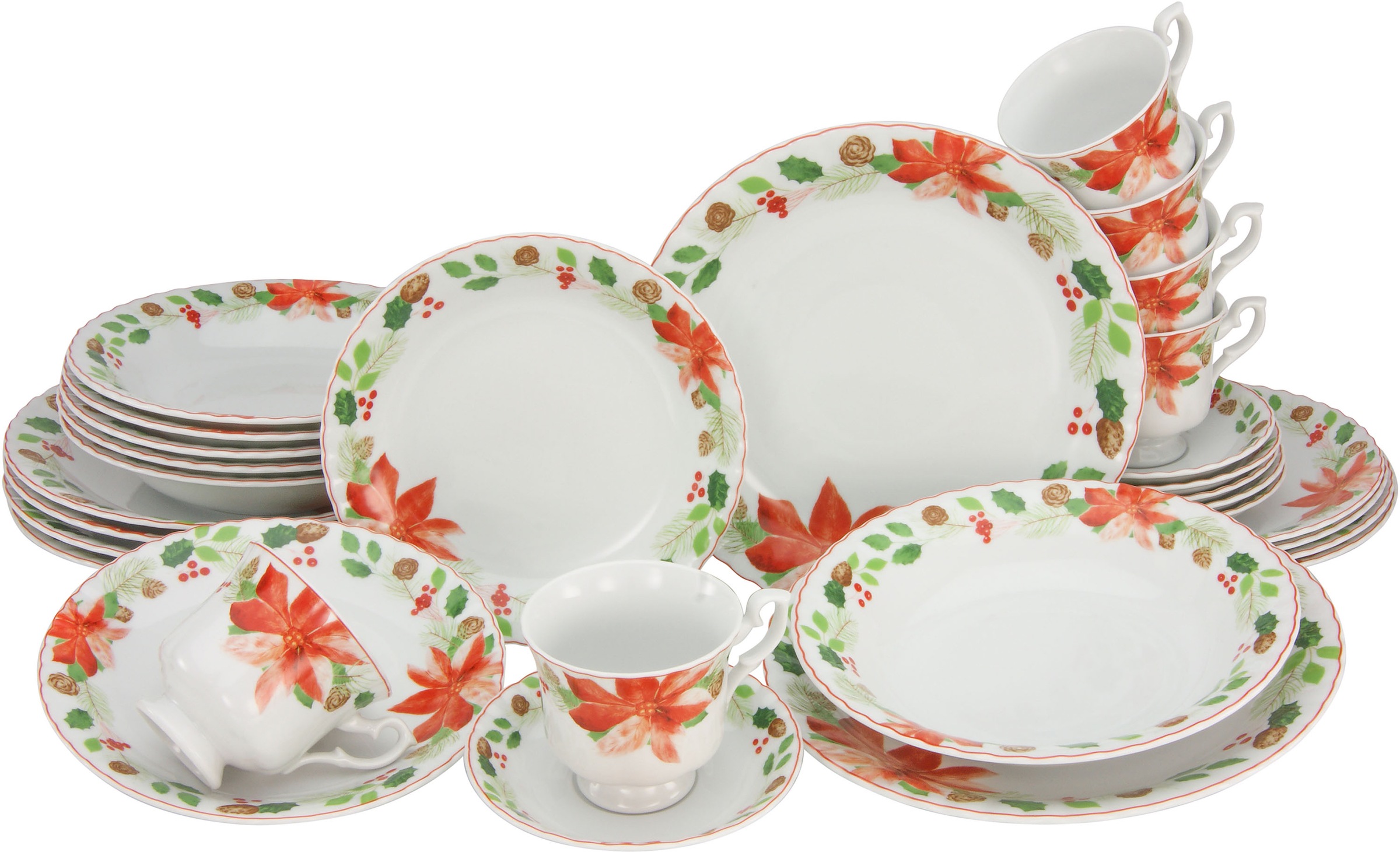 CreaTable Kombiservice »Ivona«, (Set, 30 tlg.), hochwertige Porzellanform, Tasse auf Fuß, festliches Dekor