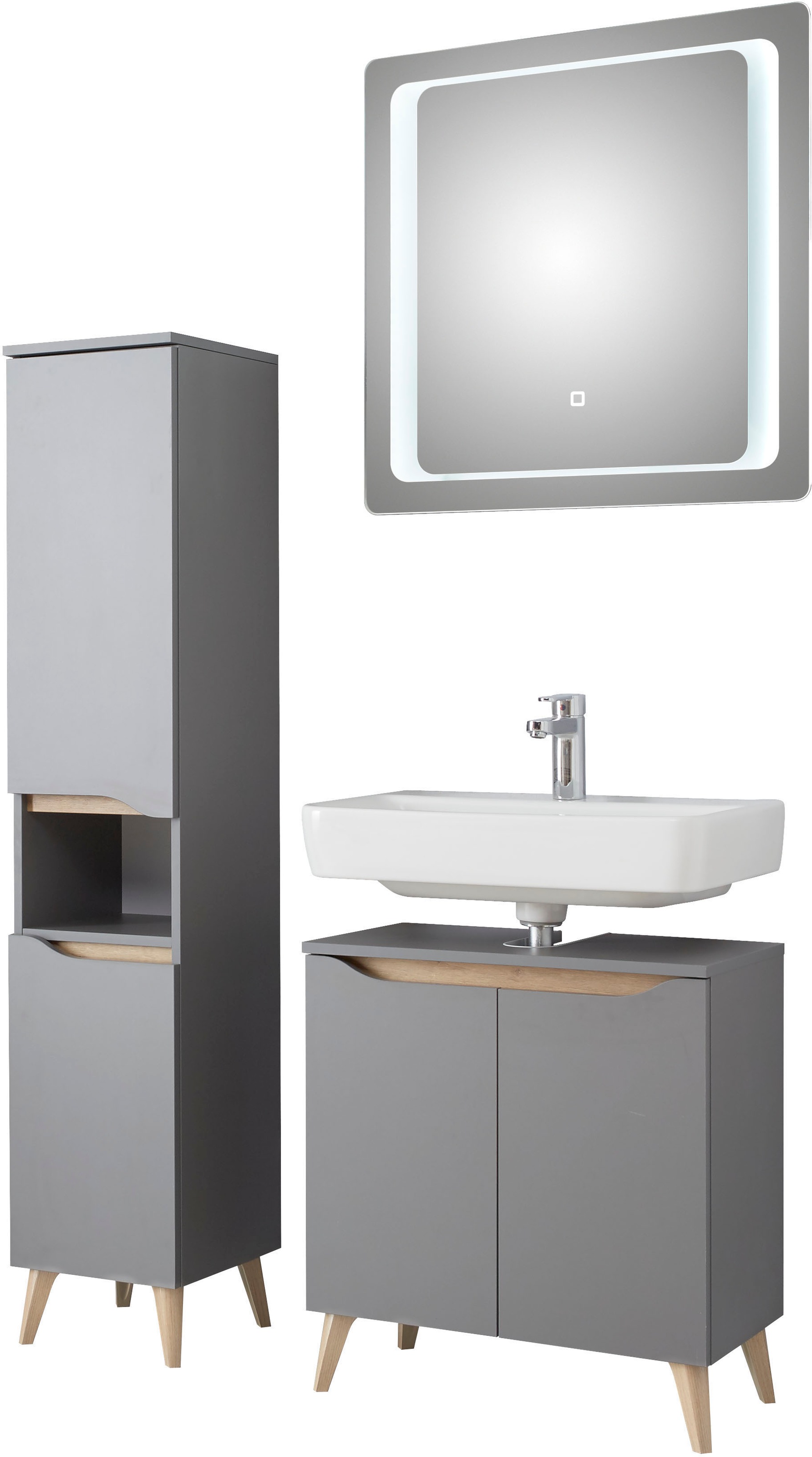 Saphir Badmöbel-Set »Quickset 3-teilig, Waschbeckenunterschrank mit LED-Spiegel« 3 Stk. tlg.