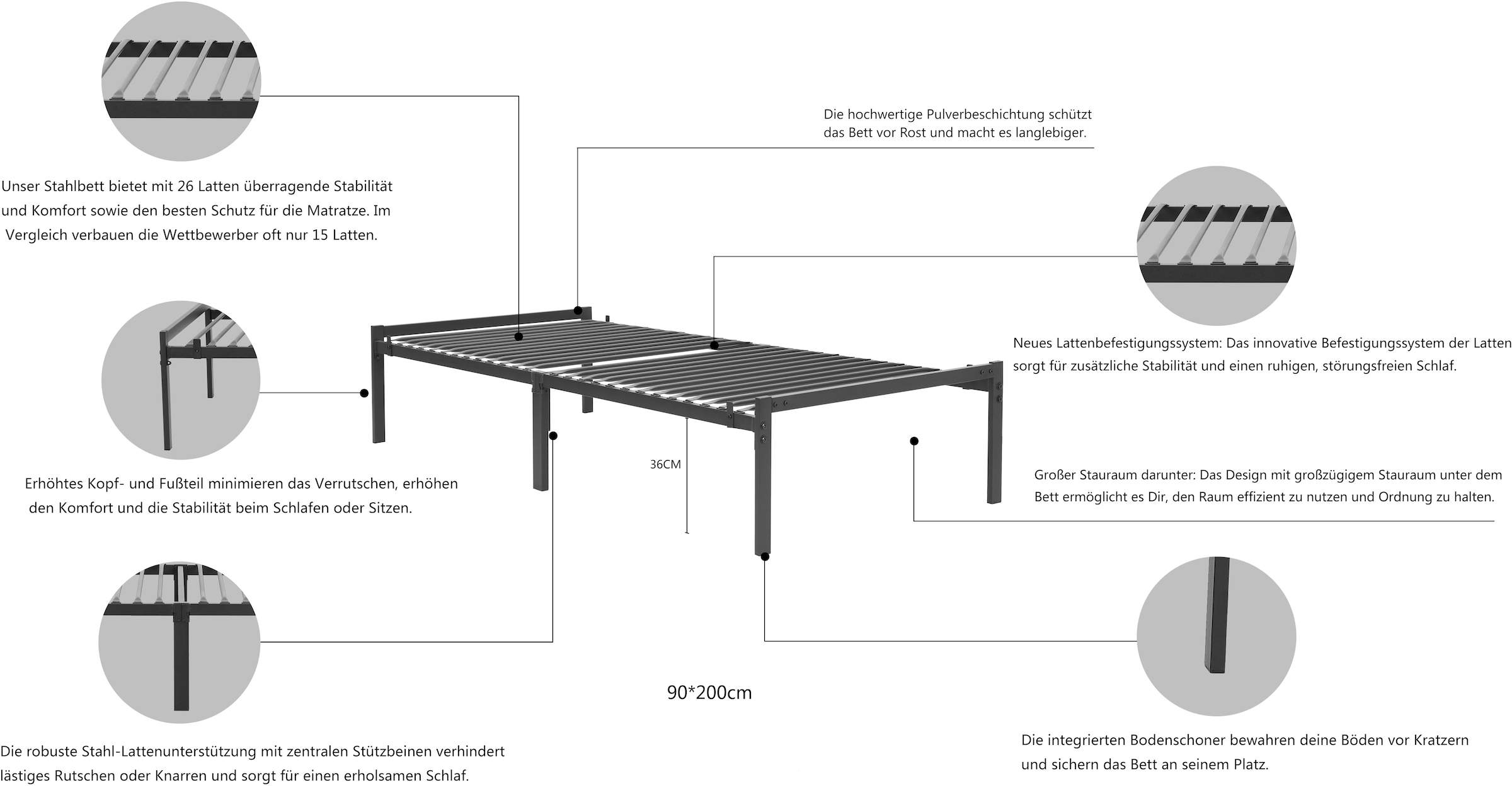 OTTO home Metallbett »LIST Bett Bettgestell Bettrahmen Einzelbett Doppelbett« Stahlbett schwarz in TOP Qualität und 4 Breiten,  Bett mit 26 Lattenroste zum Schutz der Matratze Bestseller