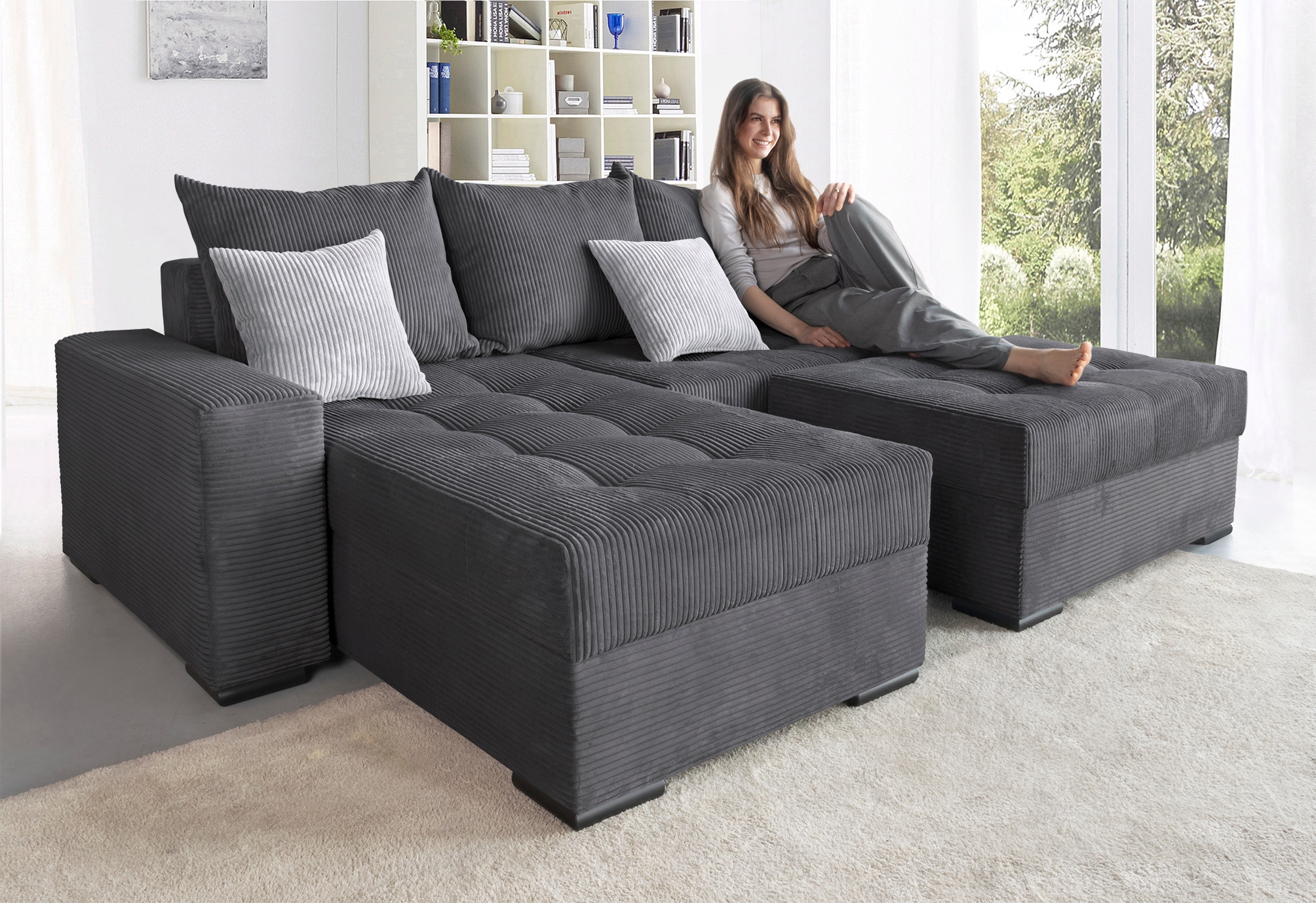 COLLECTION AB Ecksofa »Josy L-Form, Breite 214 cm, mit 3 großen Rückenkissen«, (Cord-/Mix), mit Bettfunktion und Bettkasten, Federkern