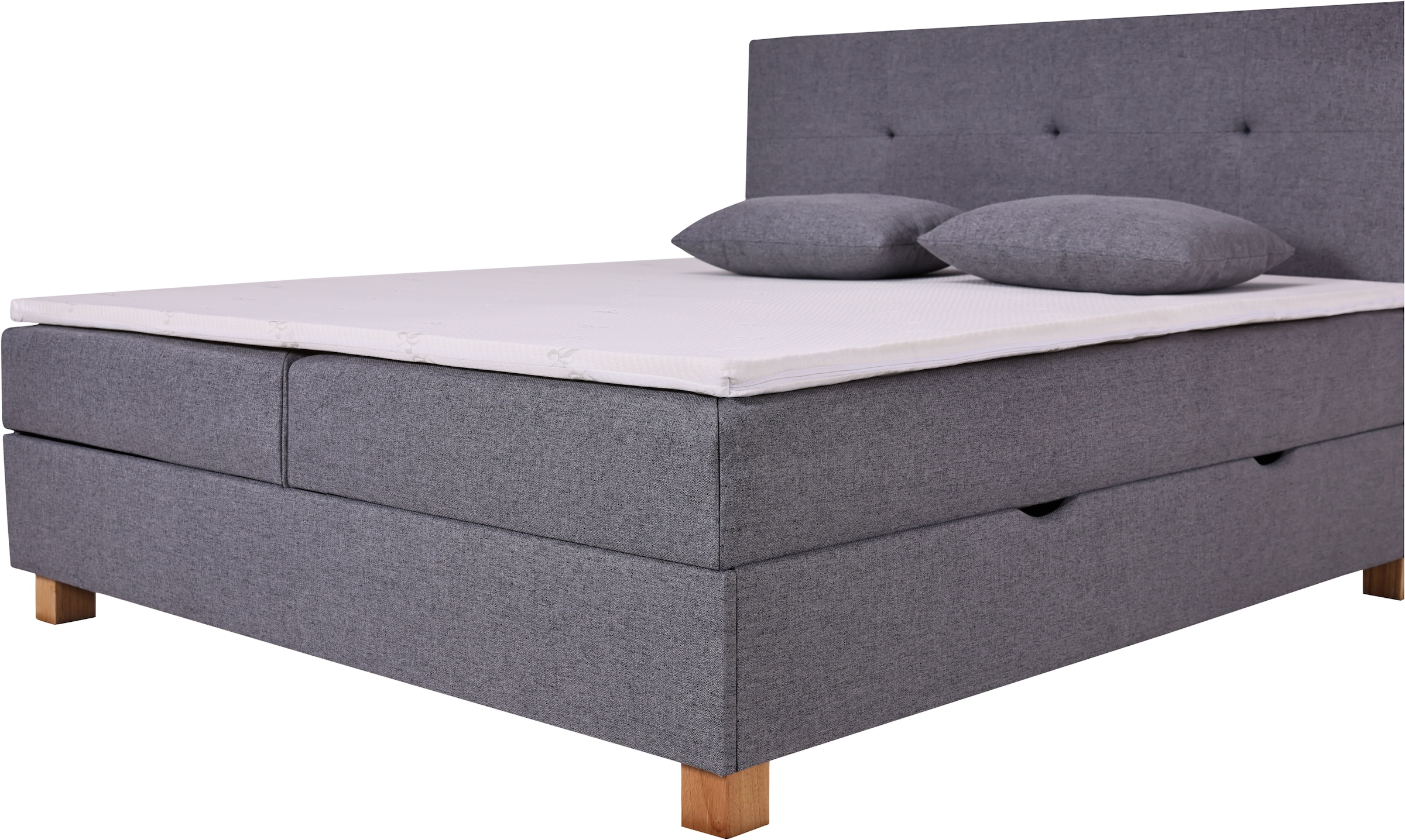 Home affaire Boxbett »Oyré inkl. Bettkasten, Topper und 2 gratis Kissen, 180x200 cm« mit Holzfüße in eichefarben