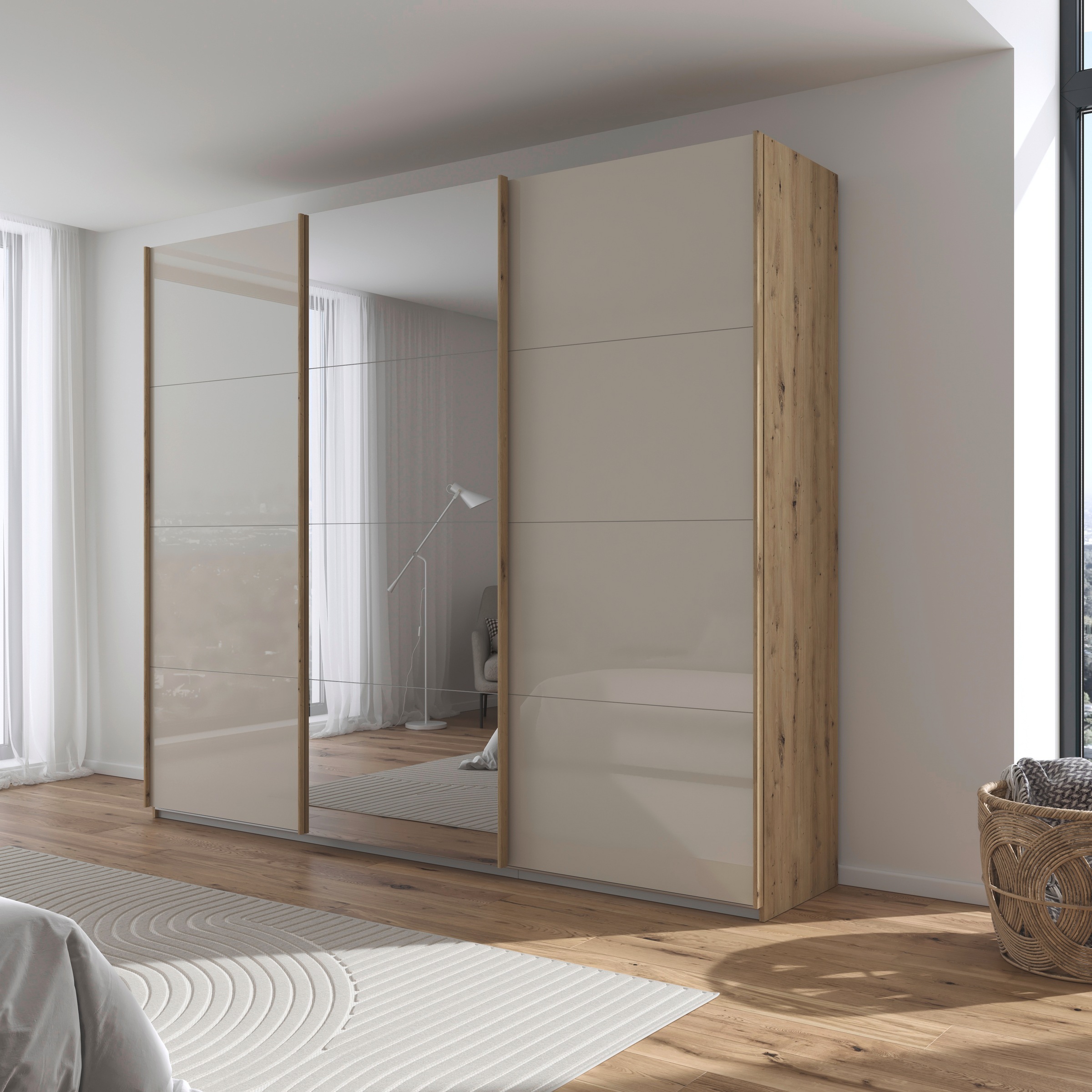 rauch Schwebetürenschrank »Kleiderschrank Kleiderschränke Schrank Garderobe AGORDO mit Glasfront«, durchdachte Innenausstattung, in 4 Breiten und 2 Höhen MADE IN GERMANY