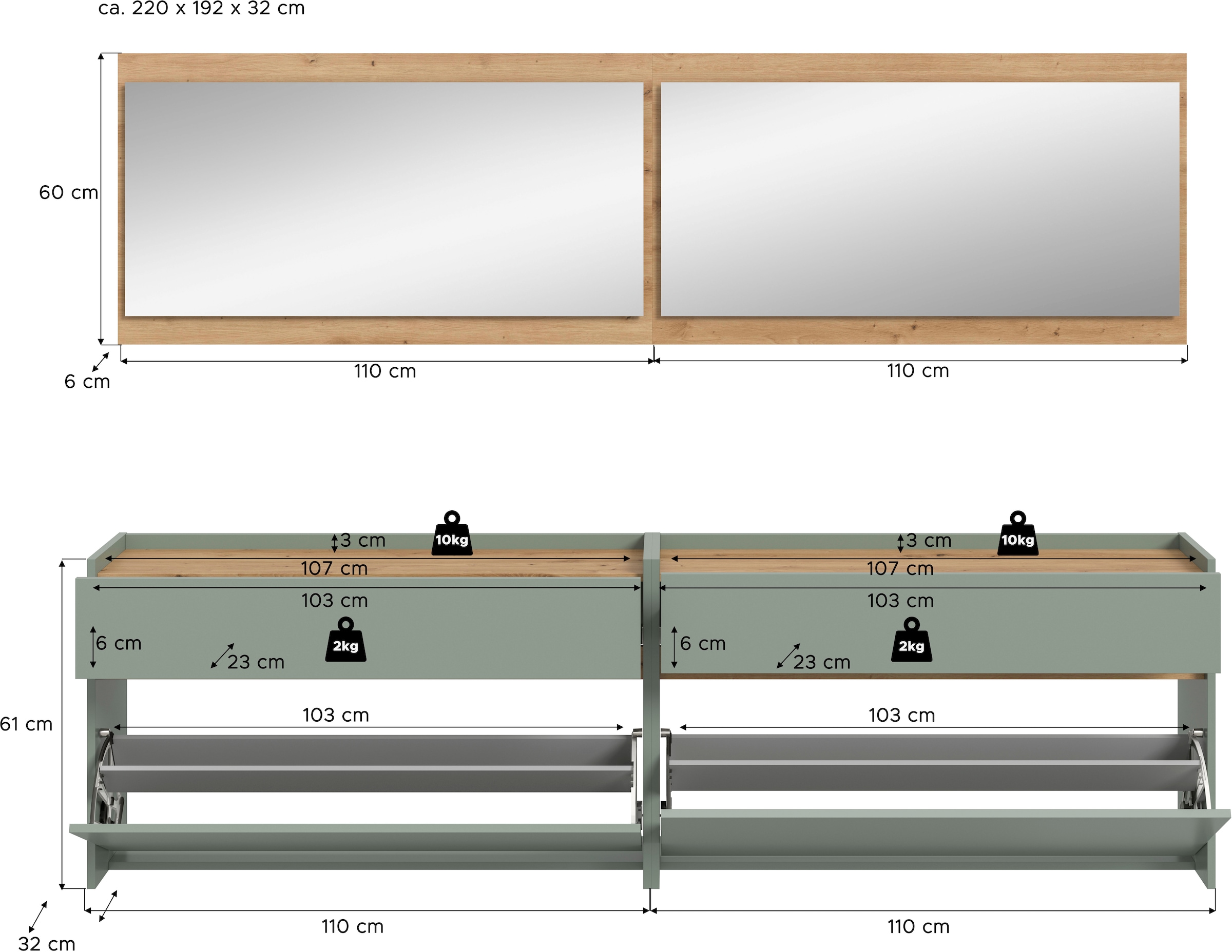 Home affaire Garderoben-Set »EVRID, 4-teilig, Breite 220 cm, individuell hängbar & erweiterbar« best. aus: 2x Kommode und 2x Spiegel, 4 Stk. tlg.