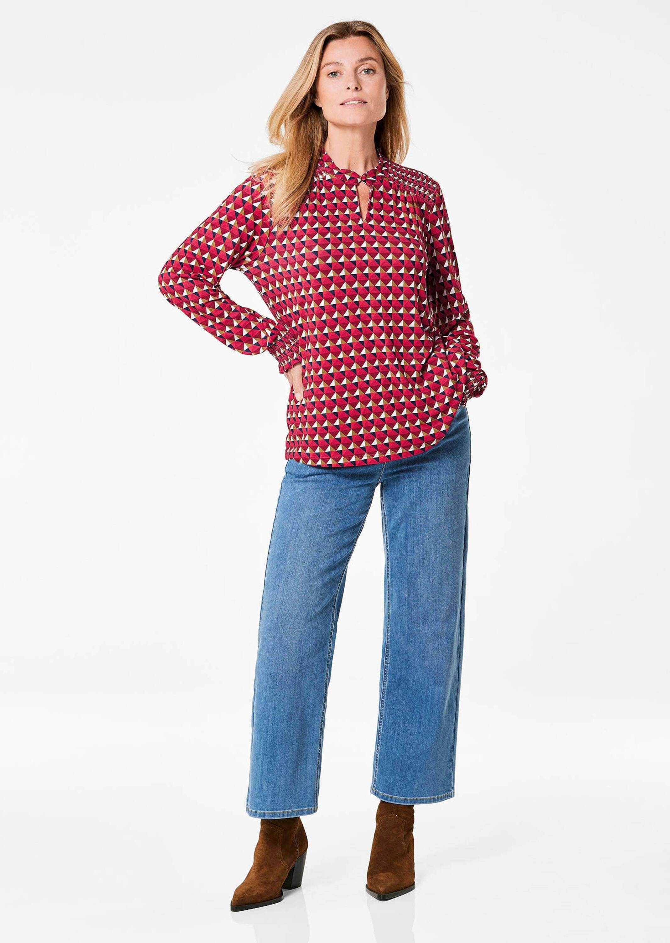 GOLDNER Langarmbluse »Kurzgröße Jerseybluse mit modischen Smok-Details« Ohne